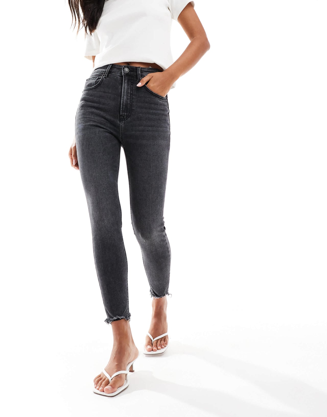 Stradivarius super skinny jean with frayed hem in washed black
