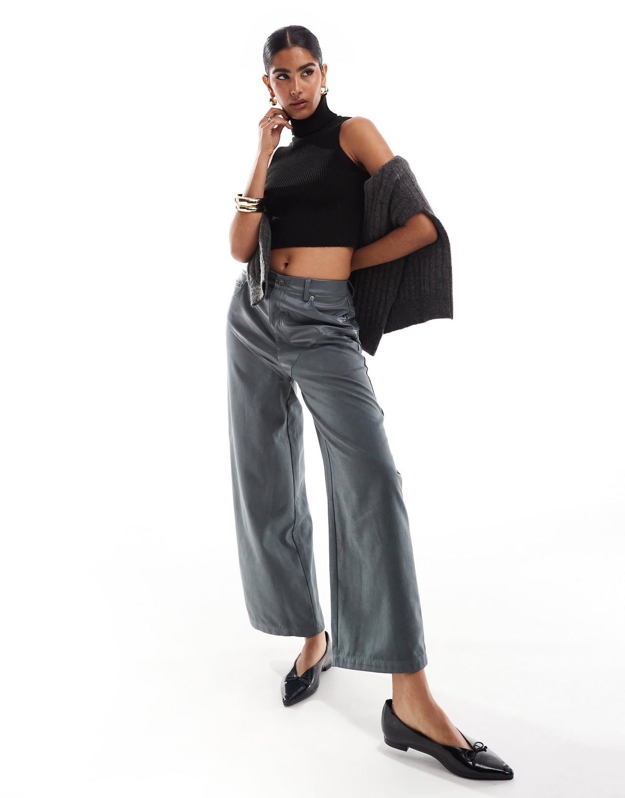 ASOS DESIGN faux leather and faux suede hybrid trouser in charcoal