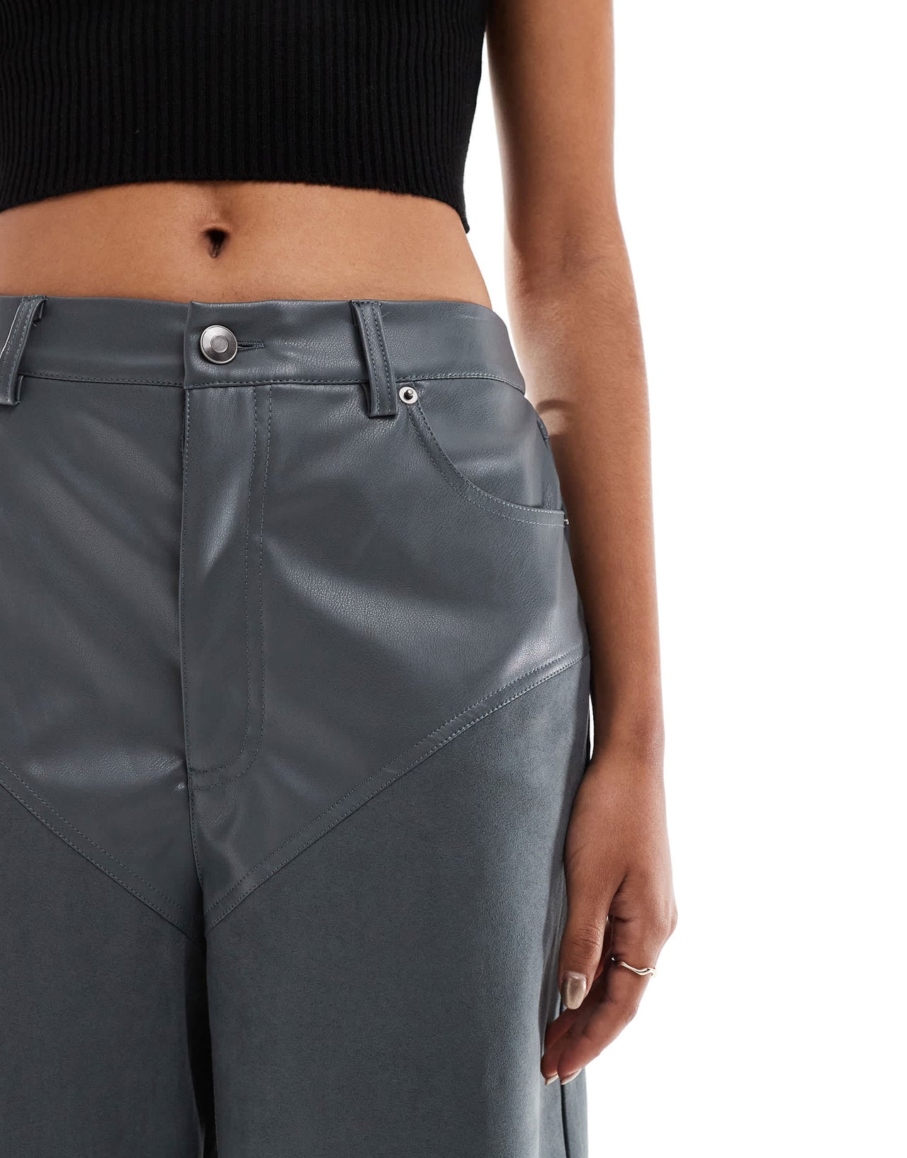 ASOS DESIGN faux leather and faux suede hybrid trouser in charcoal