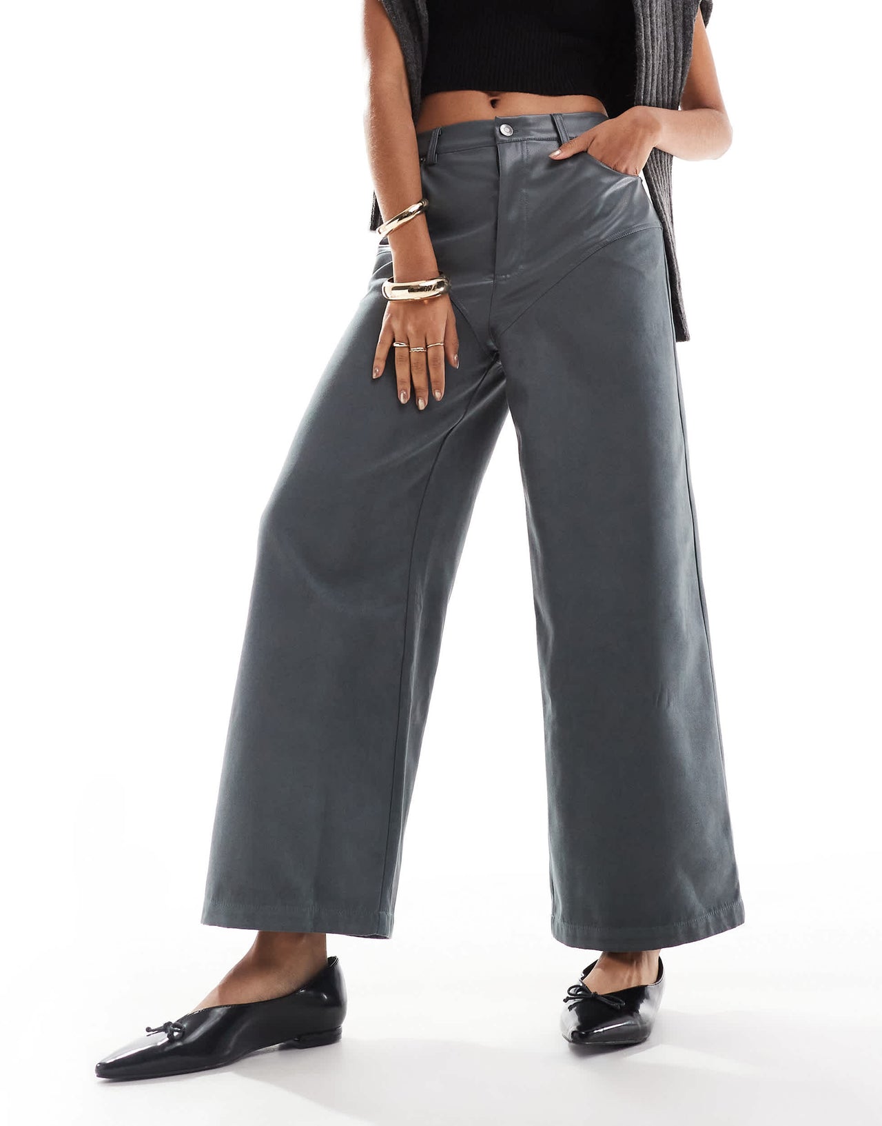 ASOS DESIGN faux leather and faux suede hybrid trouser in charcoal