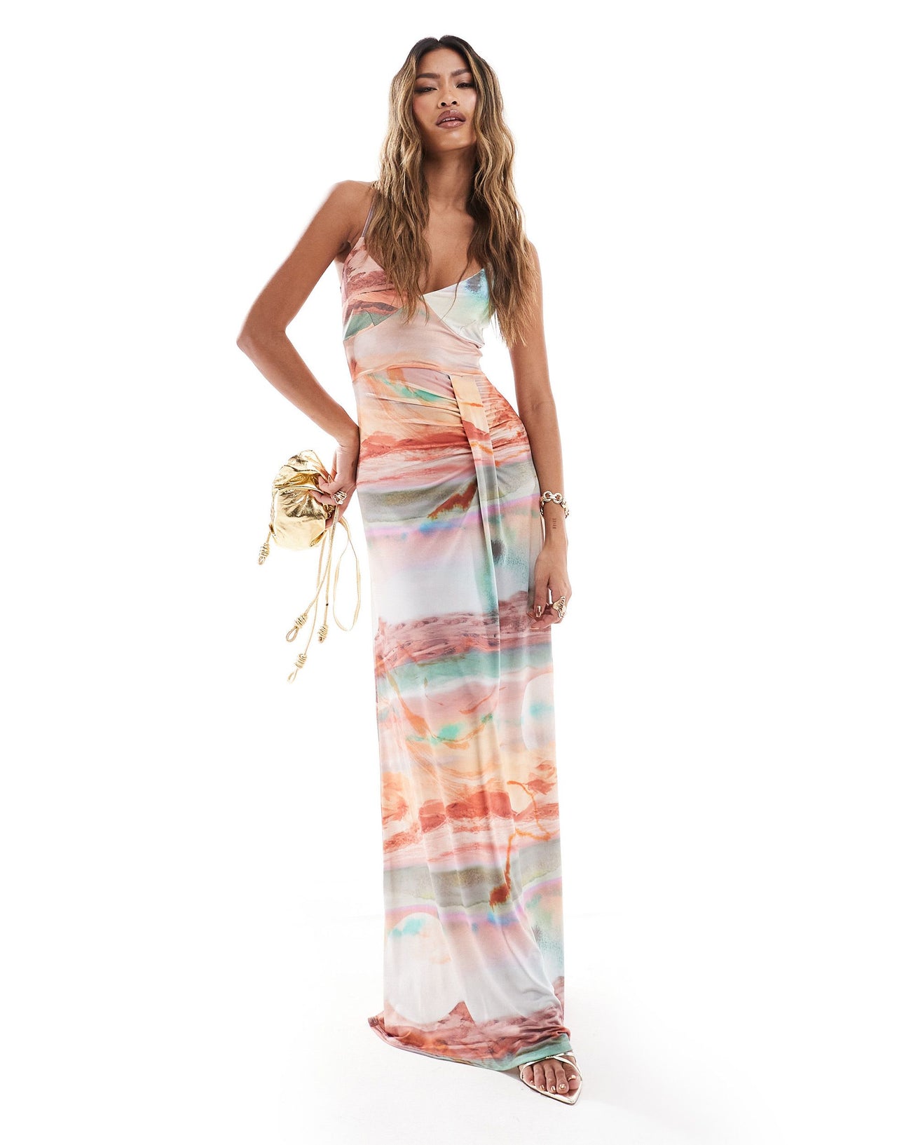 ASOS DESIGN draped skirt detail maxi dress in sunset landscape print