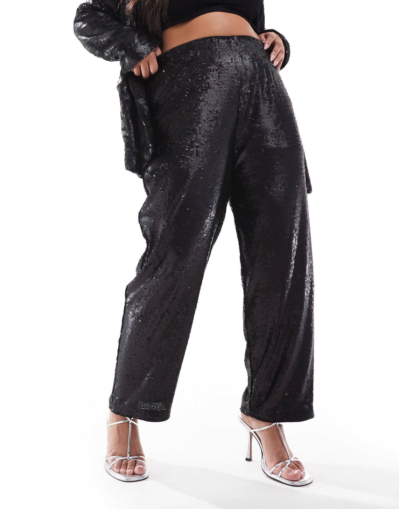 ASOS DESIGN Curve tailored sequin ankle grazer trousers in black