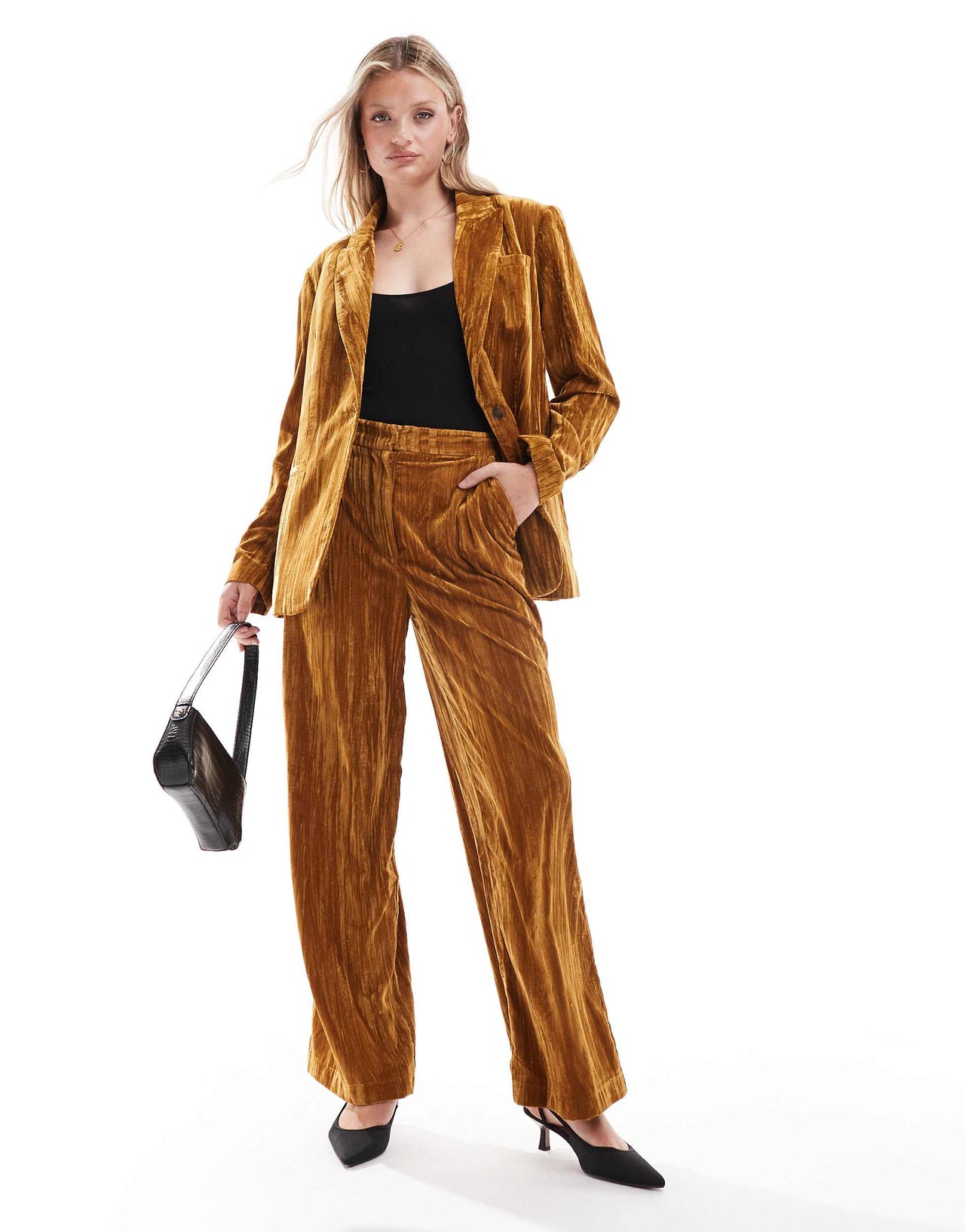 ASOS DESIGN tailored crinkle velvet trouser co-ord in gold
