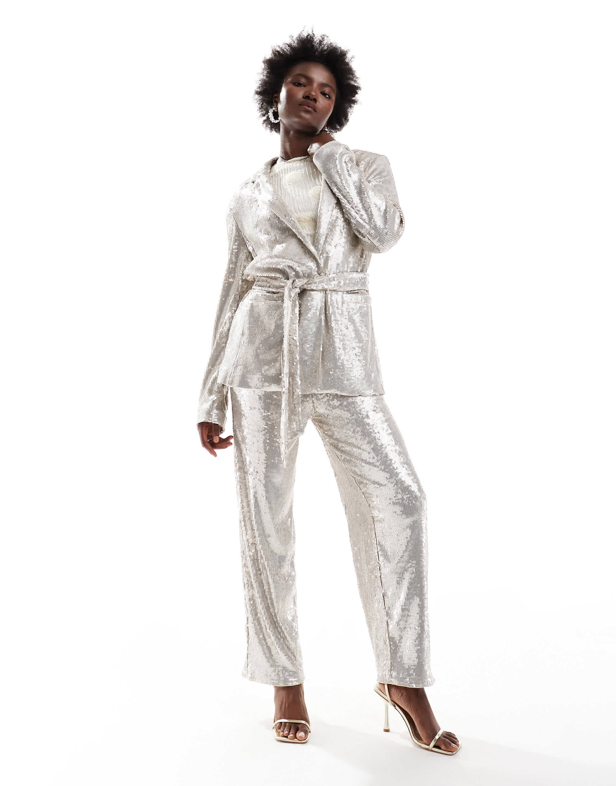 ASOS DESIGN tailored sequin ankle grazer trousers in cream