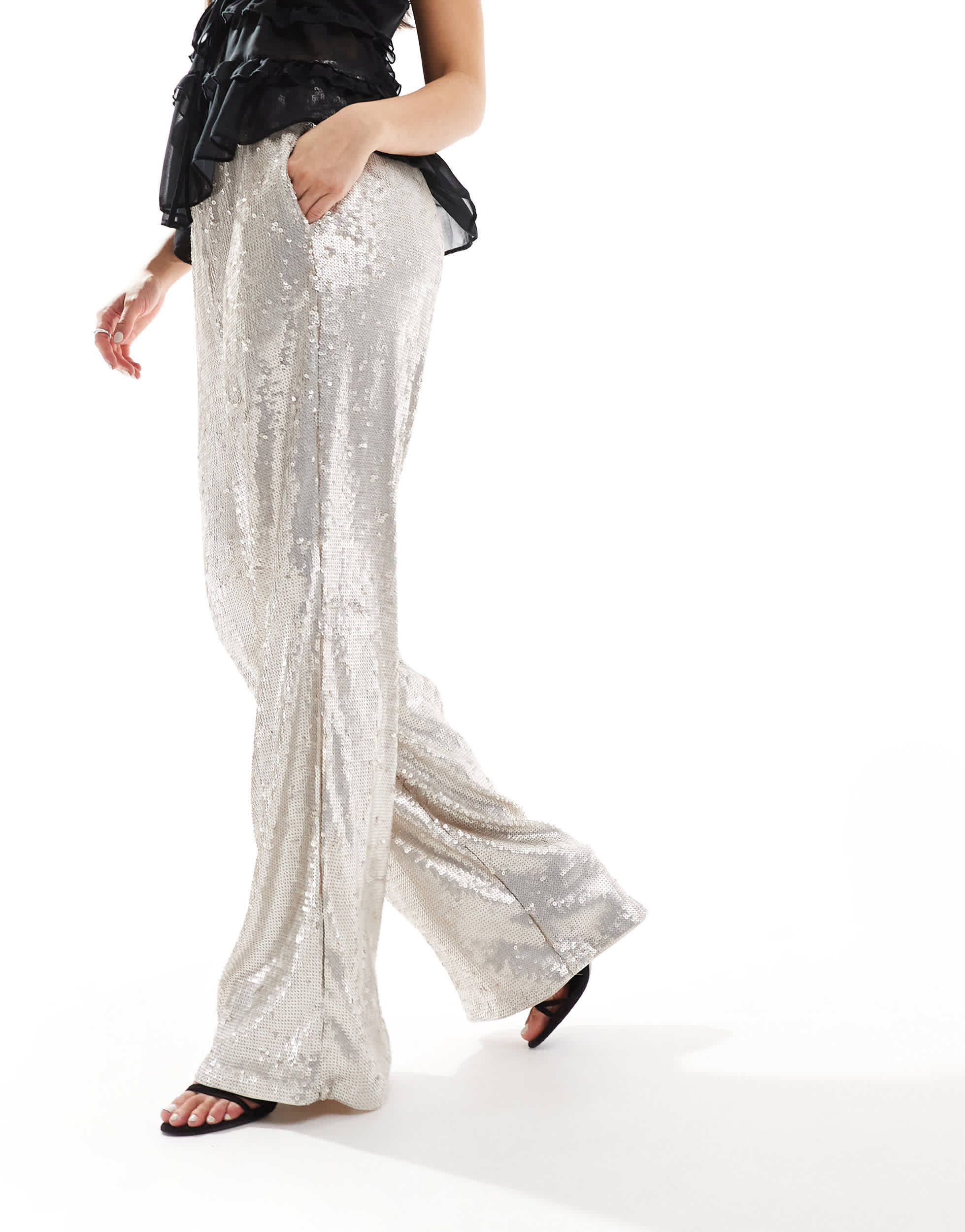ASOS DESIGN sequin wide leg tailored trouser in cream