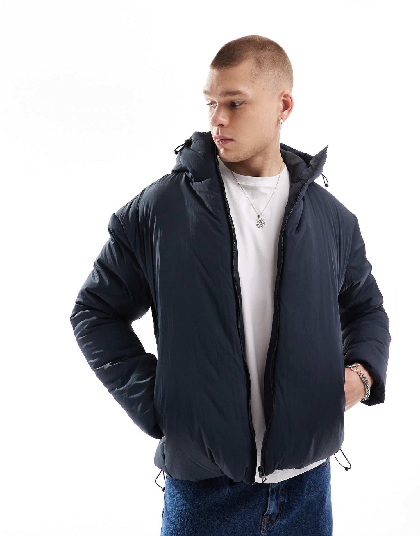 Brave Soul padded jacket with hood in navy