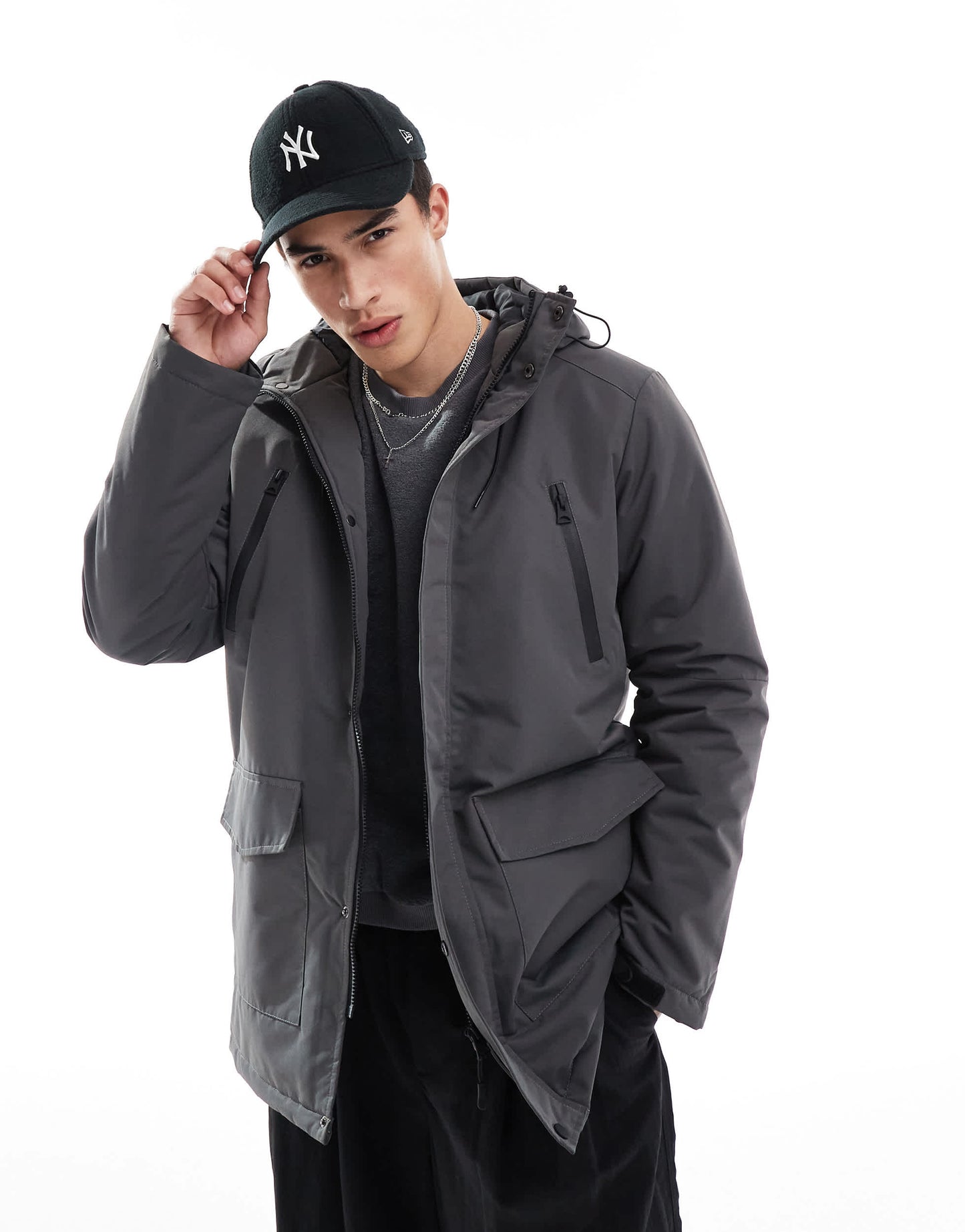 Brave Soul parka jacket with hood and concealed zip in grey