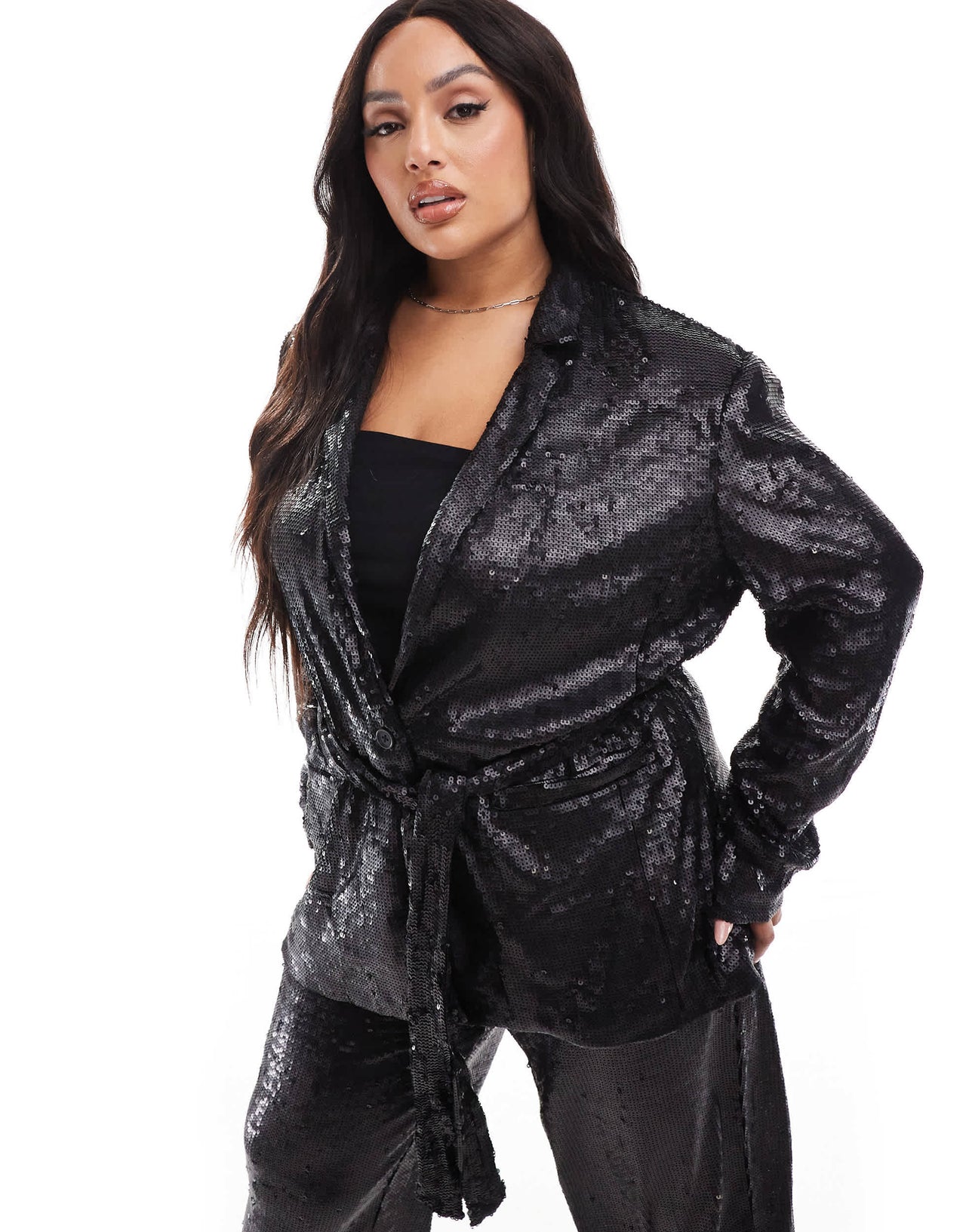 ASOS DESIGN Curve sequin tie waist blazer in black