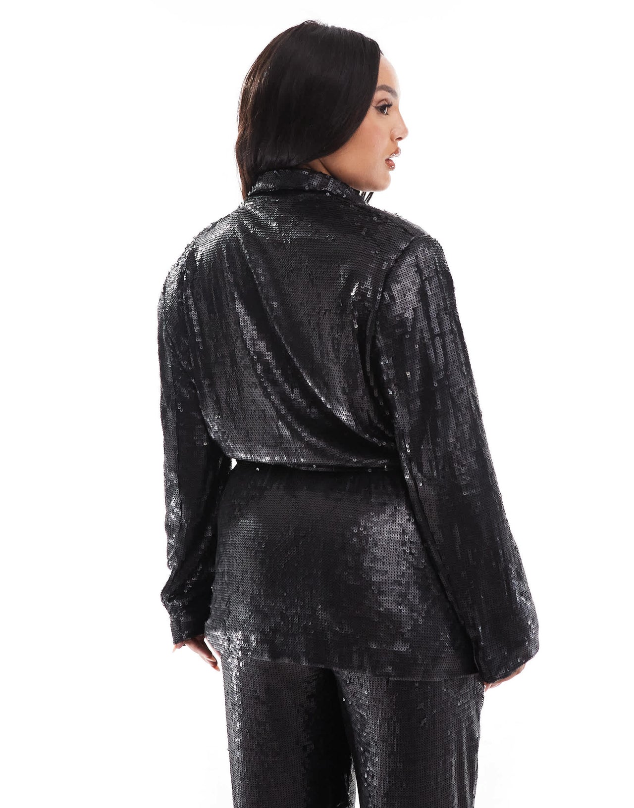 ASOS DESIGN Curve sequin tie waist blazer in black
