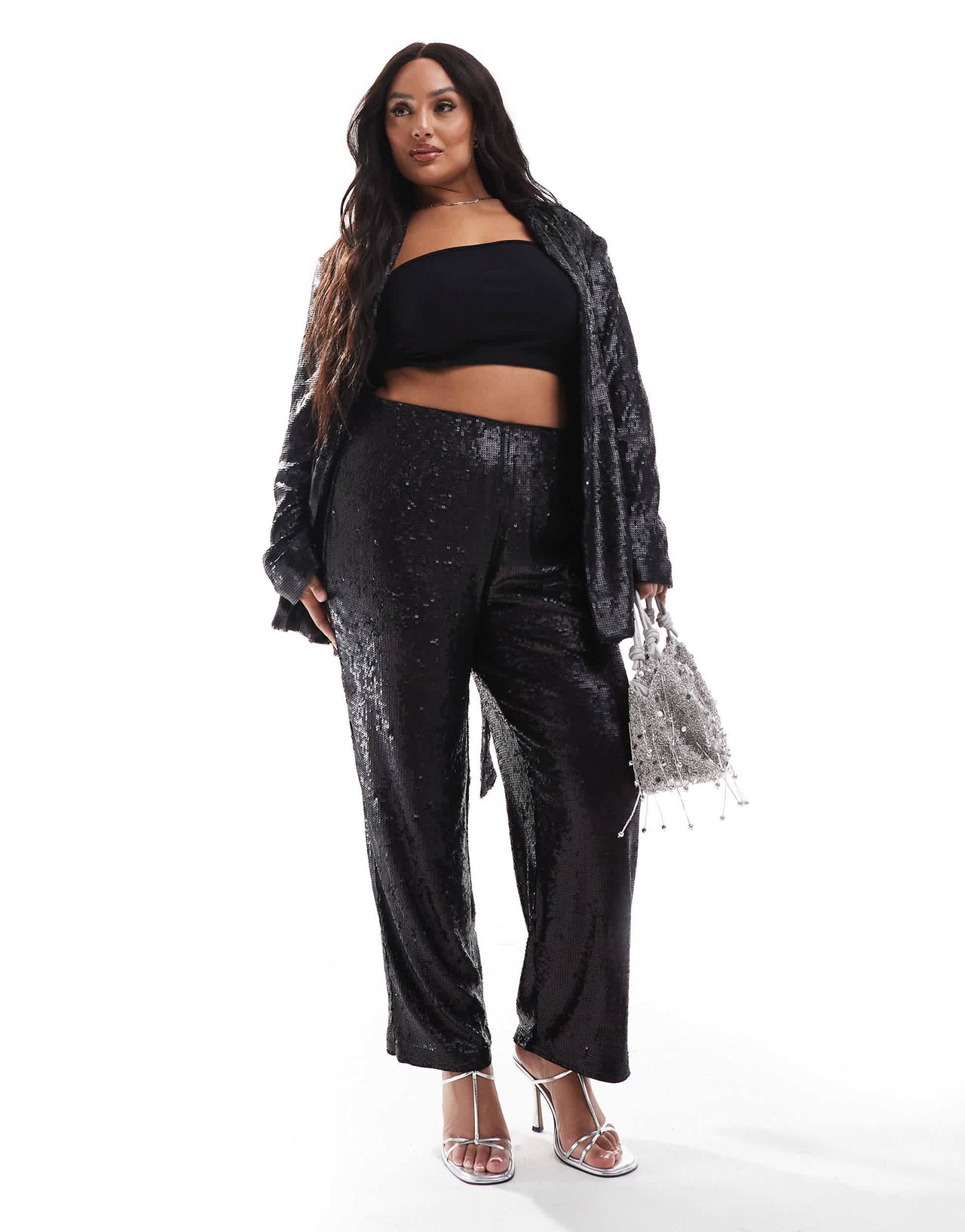 ASOS DESIGN Curve sequin tie waist blazer in black