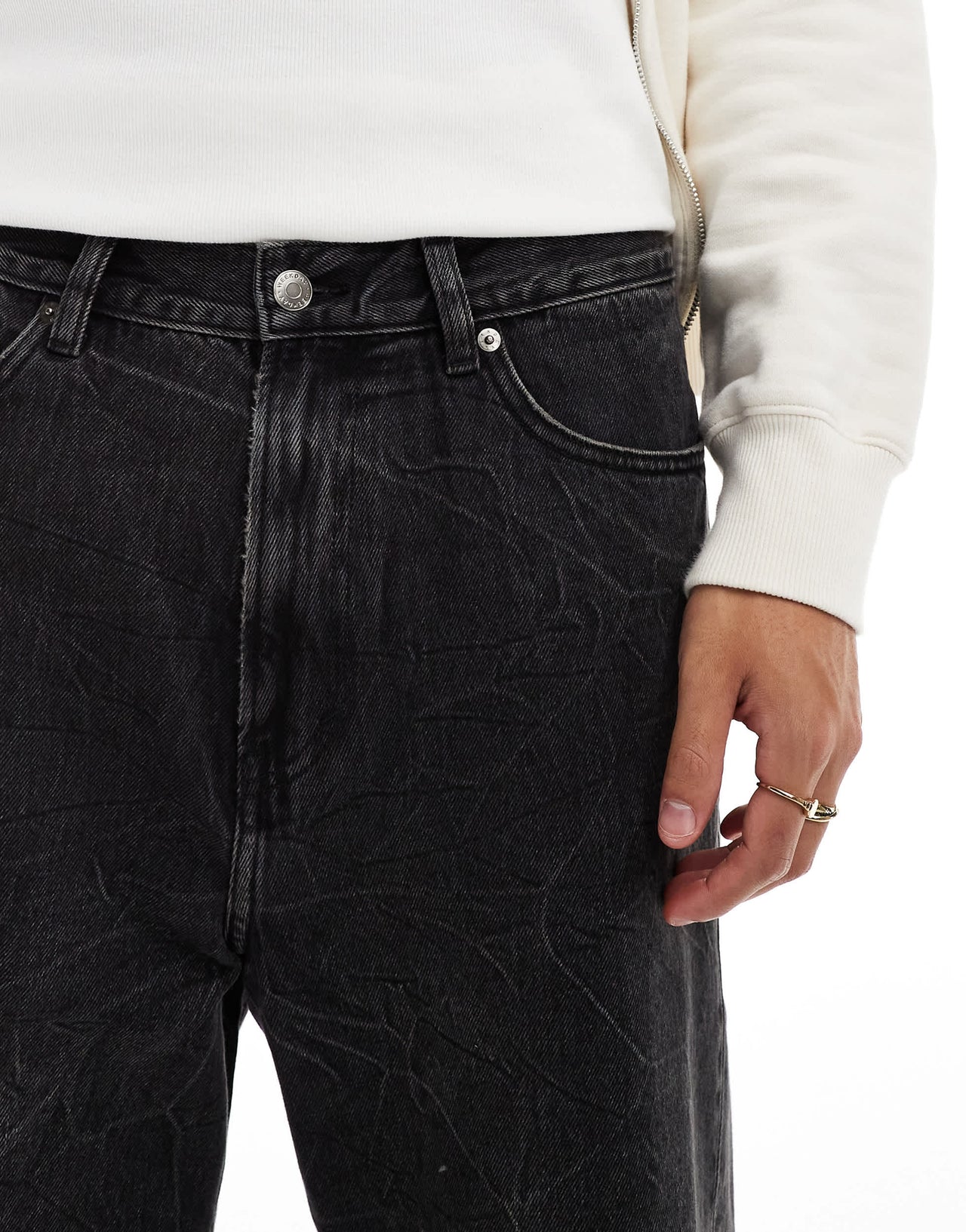 Weekday Twist low waist cropped jeans with raw hem in black acid wash