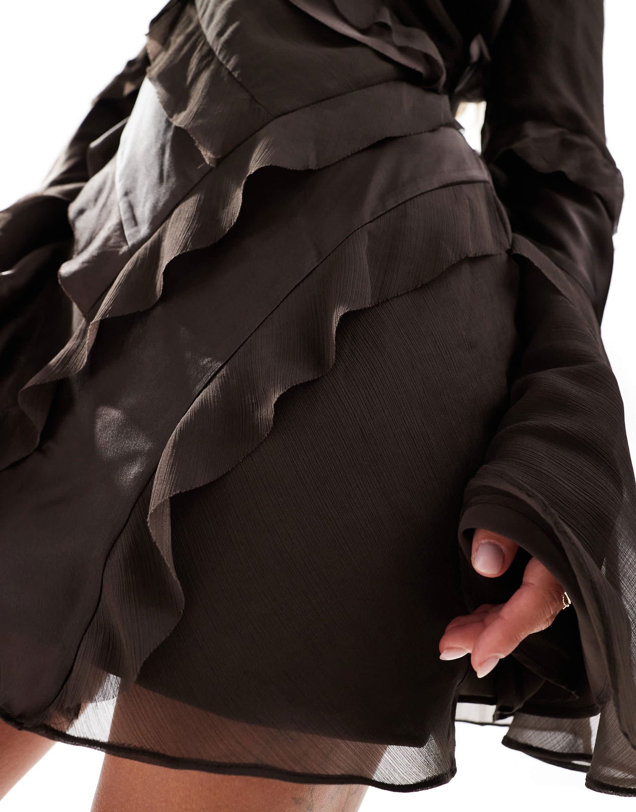 ASOS DESIGN ruffle satin chiffon mix long sleeve mini dress in chocolate brown