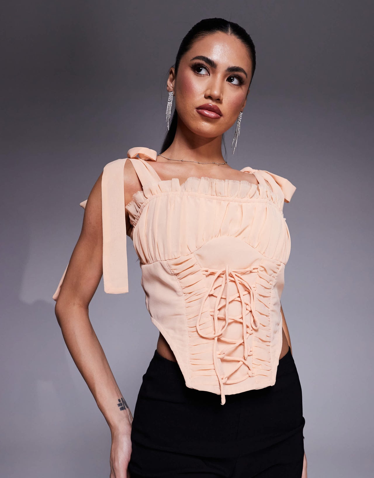 ASOS DESIGN chiffon lace up detail corset in blush