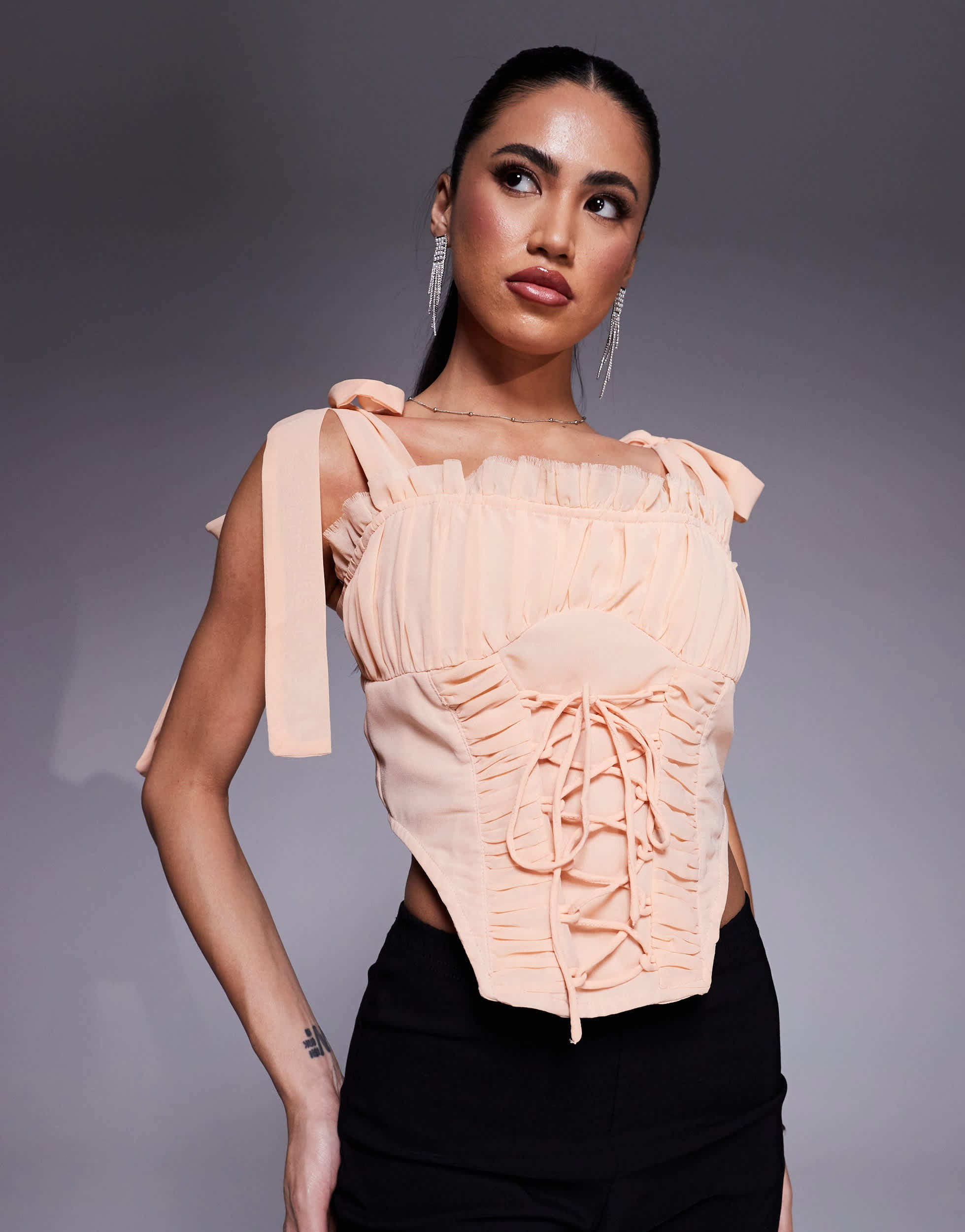 ASOS DESIGN chiffon lace up detail corset in blush