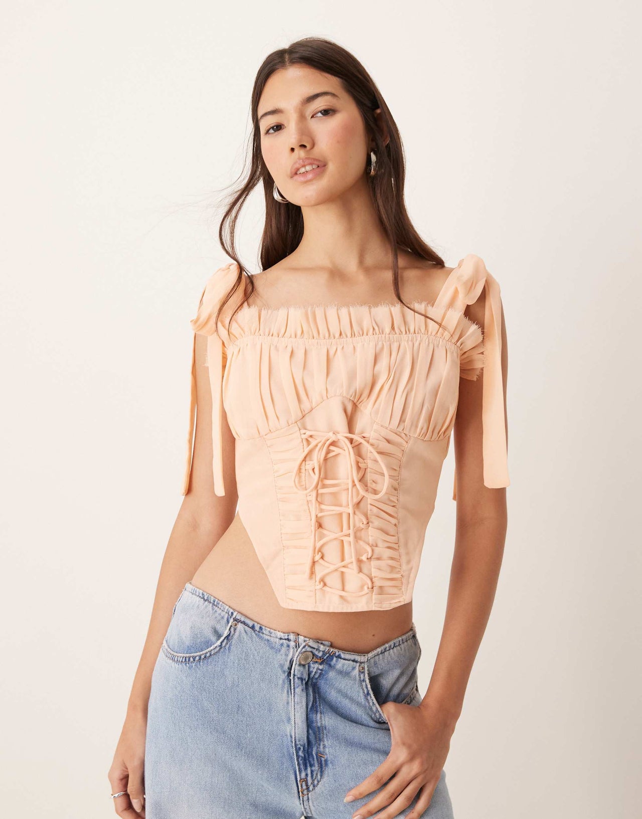 ASOS DESIGN chiffon lace up detail corset in blush