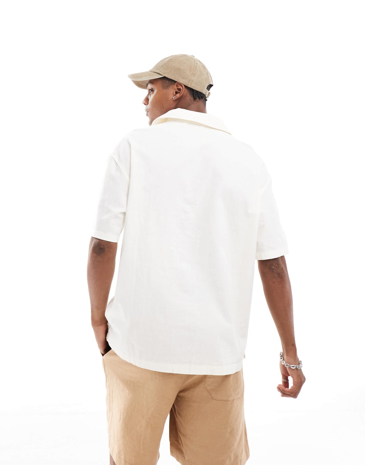 Bershka floral embroidered stitch shirt in beige