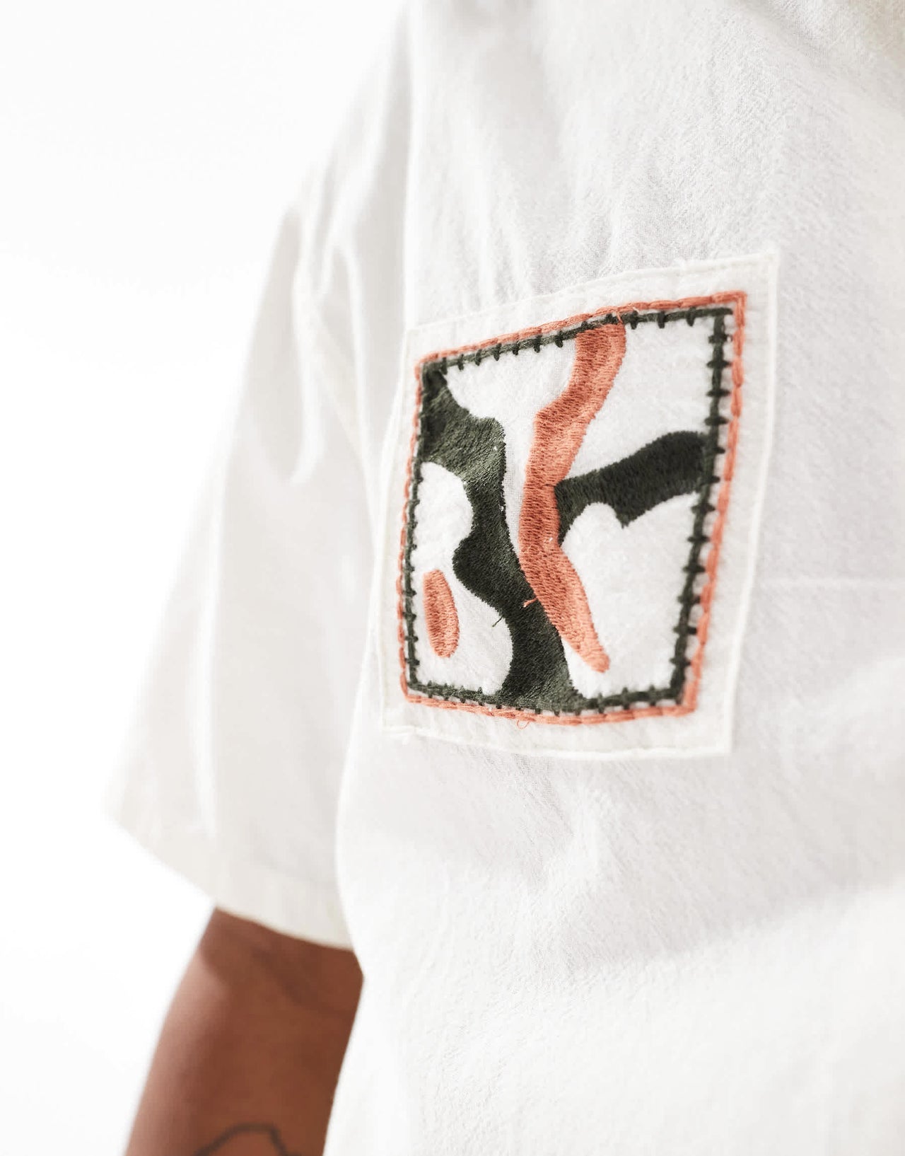 Bershka floral embroidered stitch shirt in beige