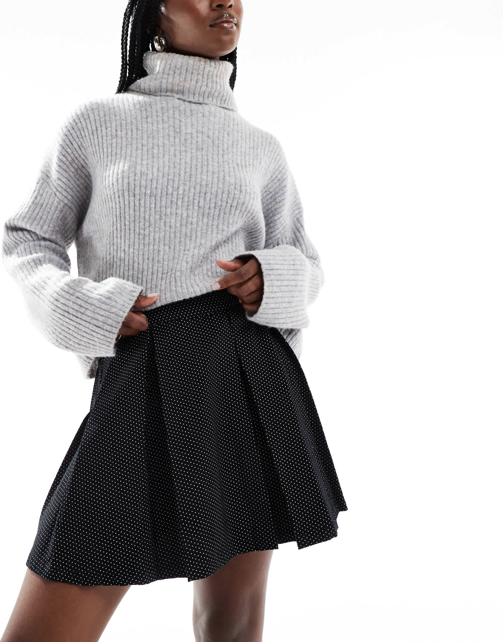 Wednesday's Girl pleated polka dot cord mini skirt in black