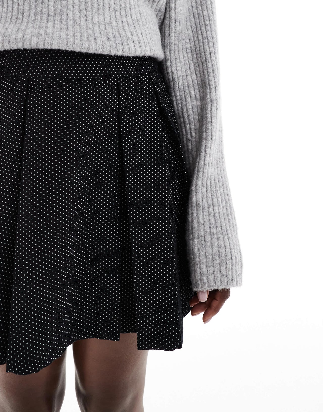 Wednesday's Girl pleated polka dot cord mini skirt in black