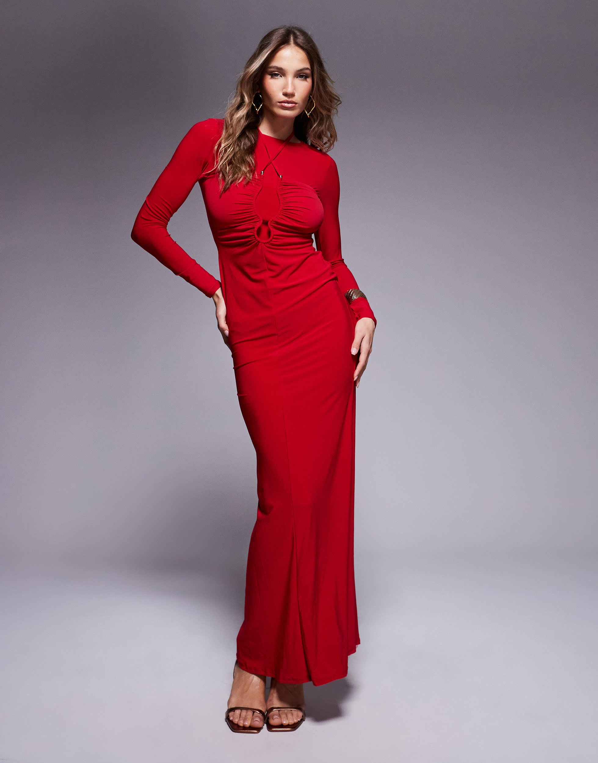 ASOS DESIGN slinky long sleeve maxi dress with ruched gold trim detail in red