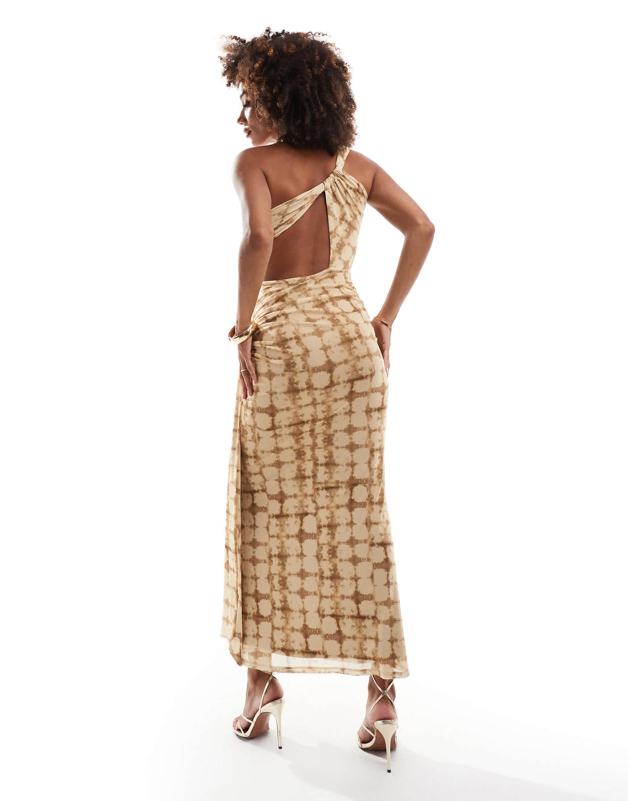 ASOS DESIGN mesh asymmetric one shoulder midi dress with long ties in yellow check