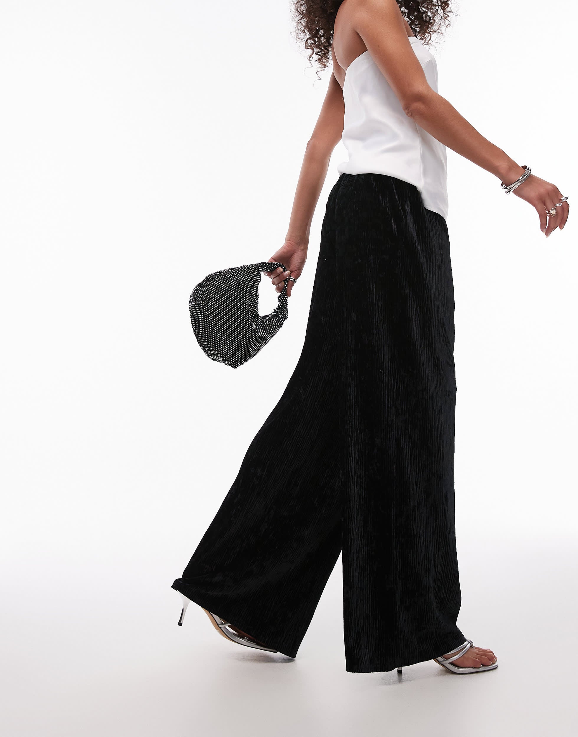 Topshop crushed velvet wide leg trouser with skinny waistband in black