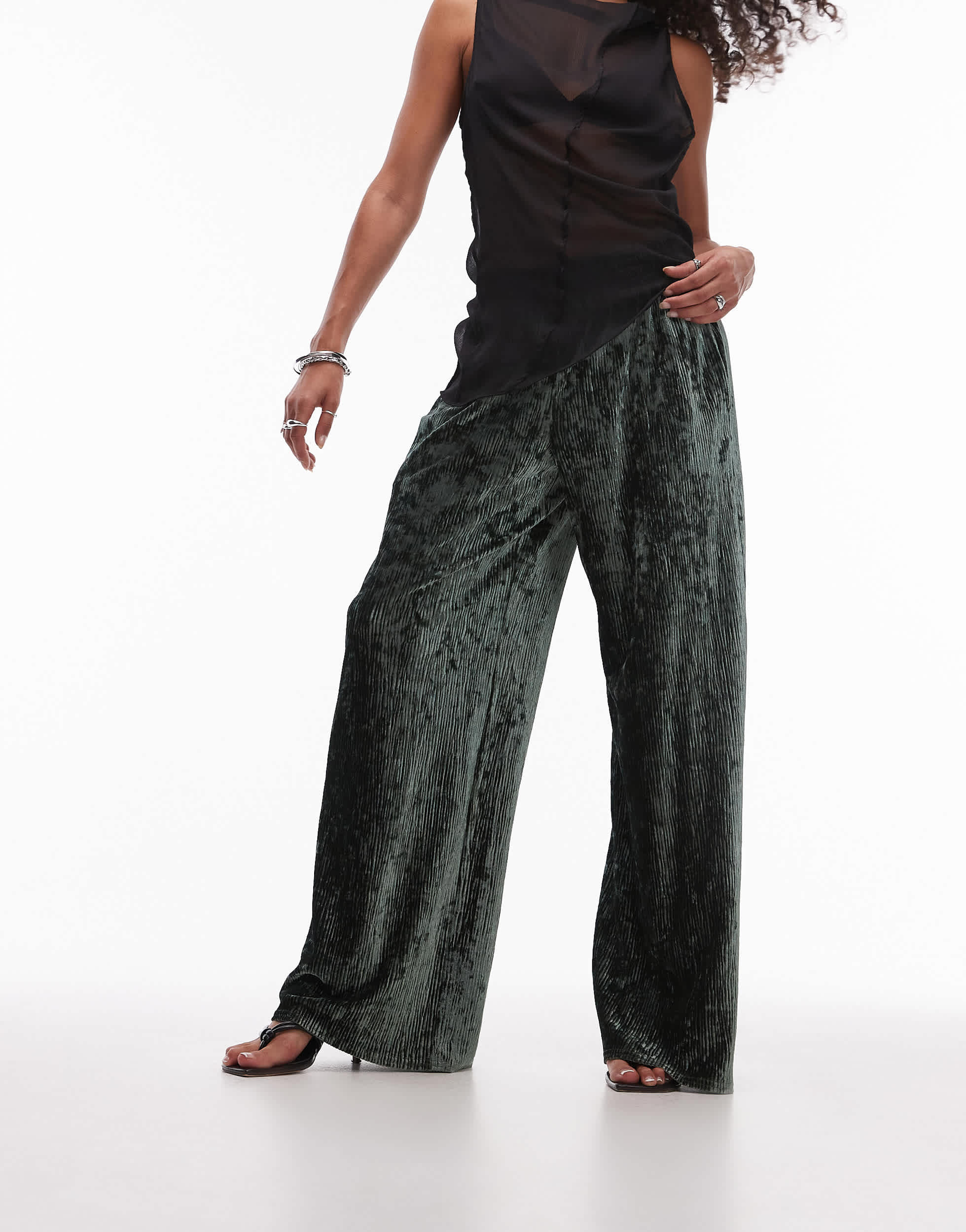 Topshop crushed velvet wide leg trouser with skinny waistband in green