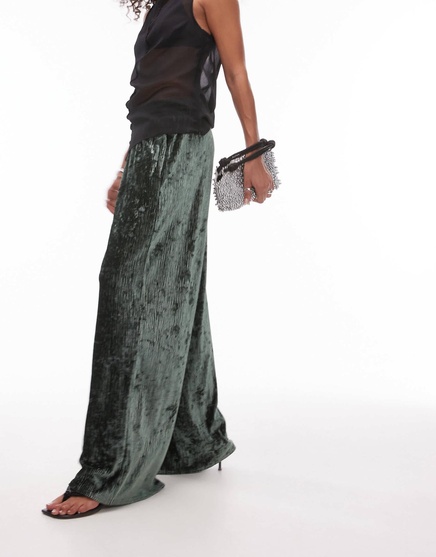 Topshop crushed velvet wide leg trouser with skinny waistband in green