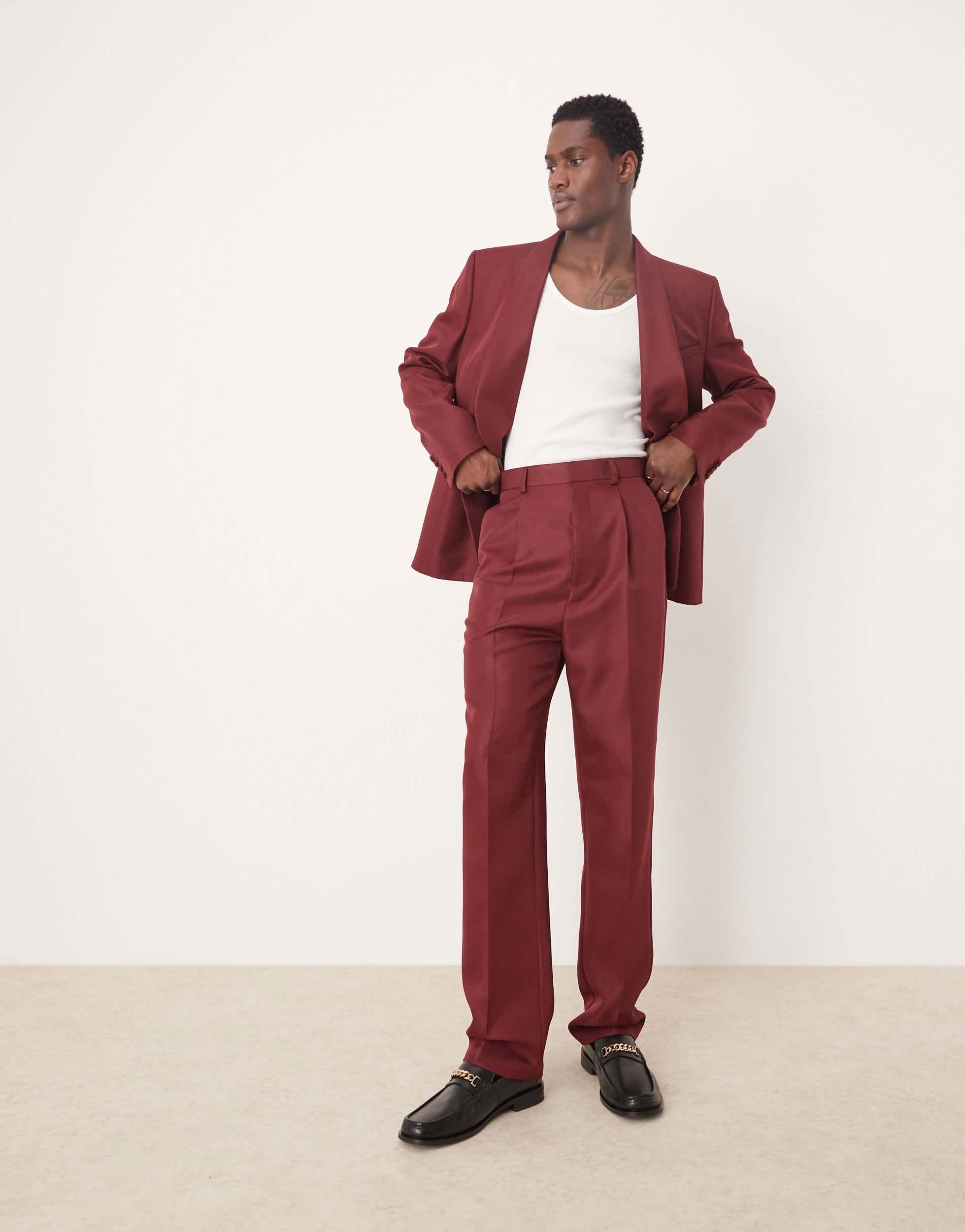 ASOS DESIGN straight leg suit trouser in burgundy matte satin