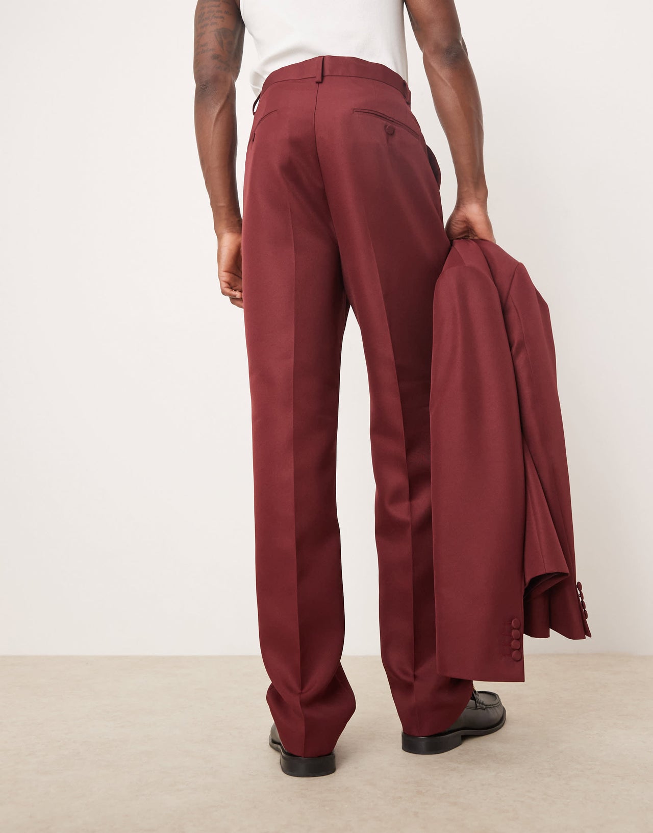 ASOS DESIGN straight leg suit trouser in burgundy matte satin