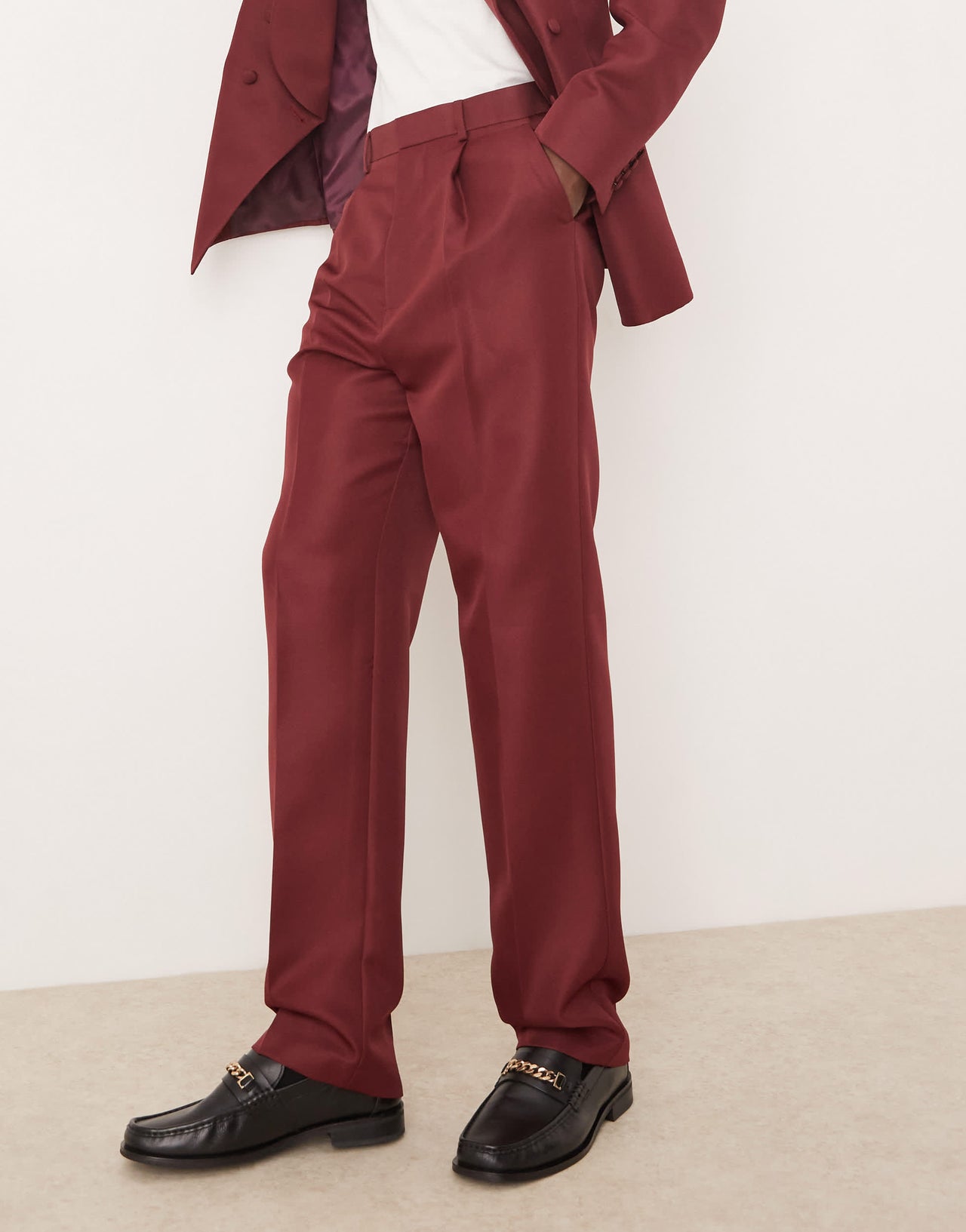 ASOS DESIGN straight leg suit trouser in burgundy matte satin