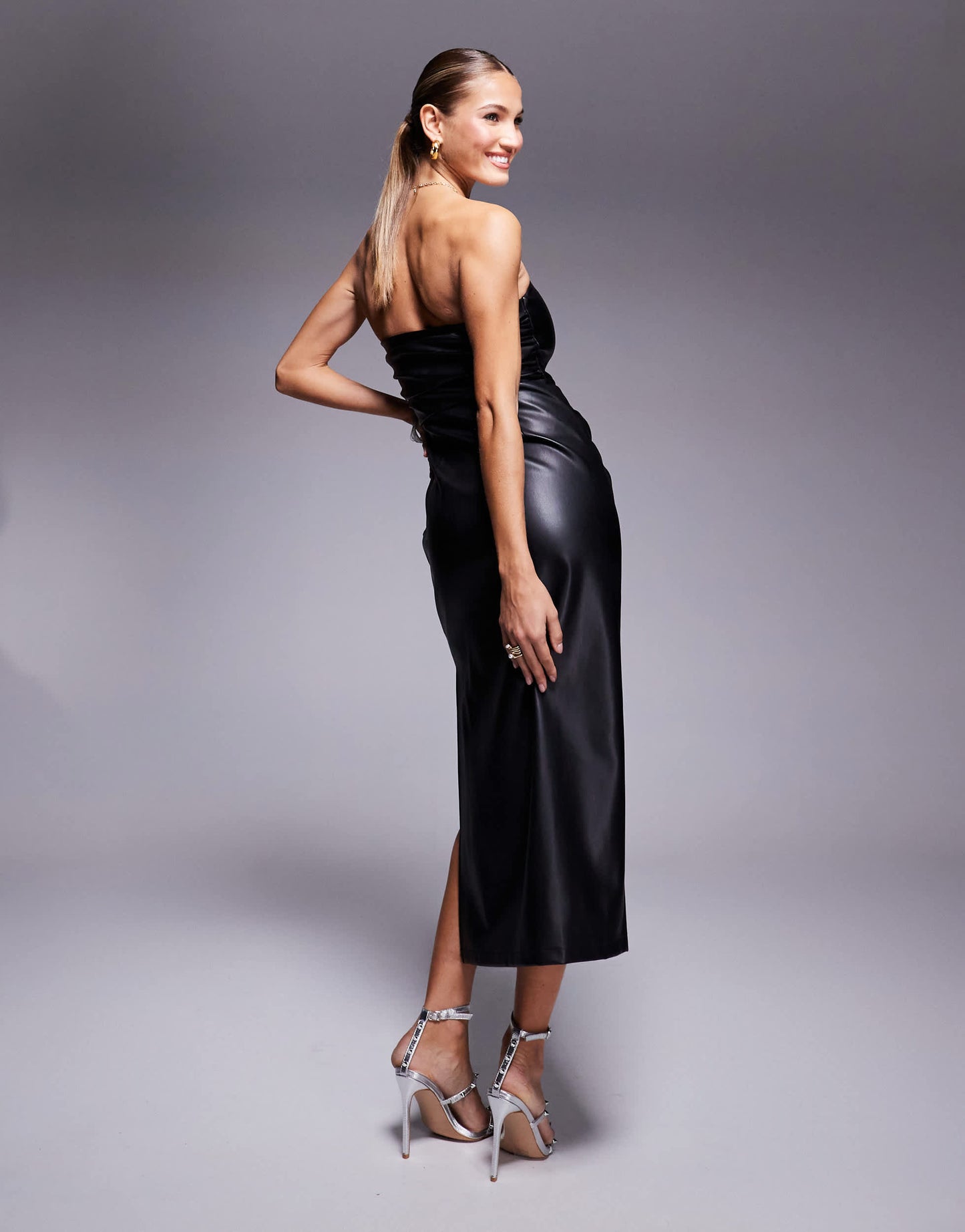 Jaded Rose PU corset midaxi dress in black
