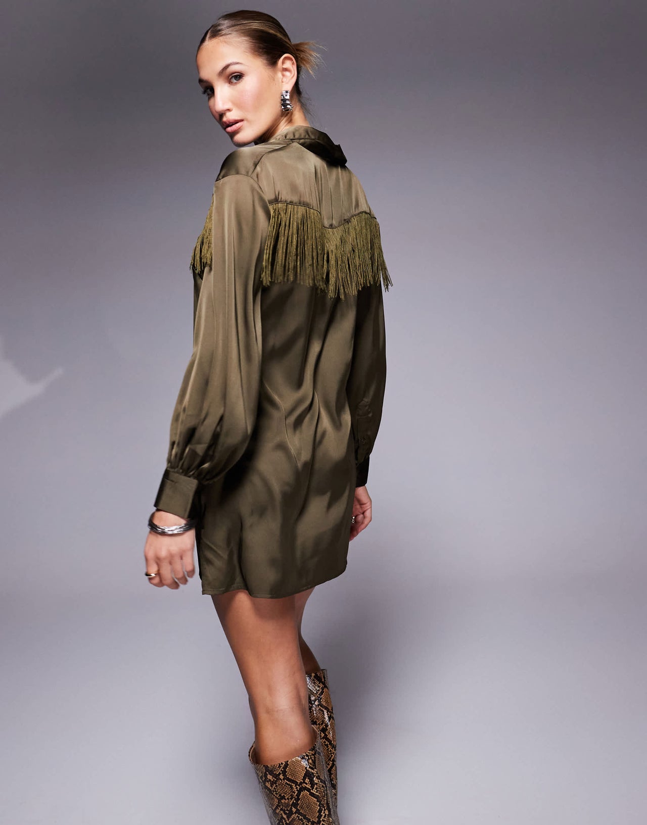 Jaded Rose fringe mini shirt dress in olive