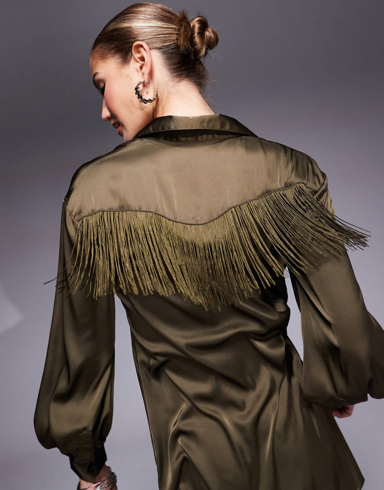 Jaded Rose fringe mini shirt dress in olive