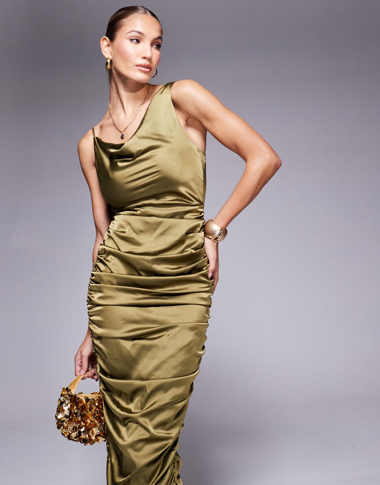Jaded Rose ruched backless maxi dress in olive
