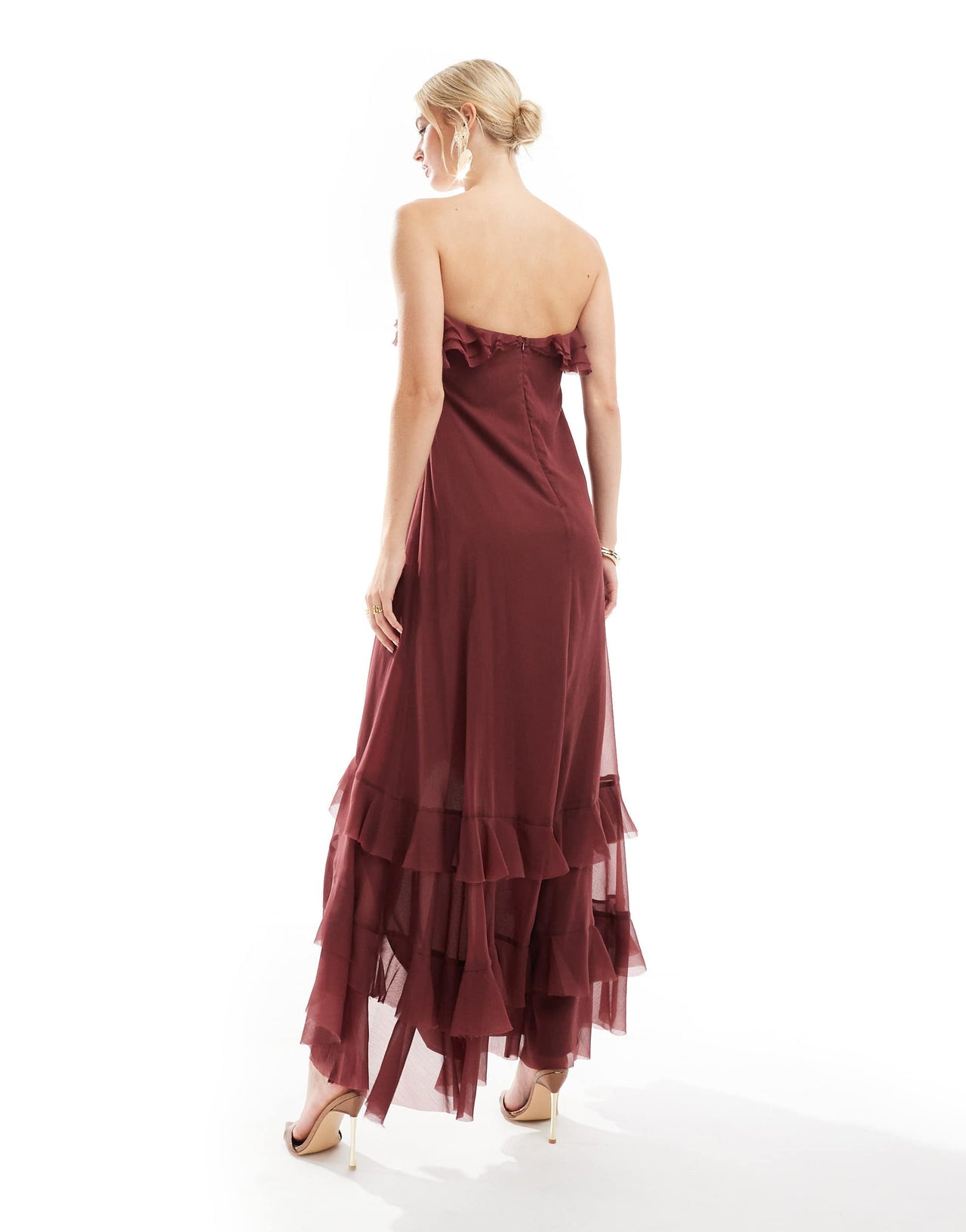 ASOS DESIGN Tall bardot ruffle off shoulder maxi dress in burgundy
