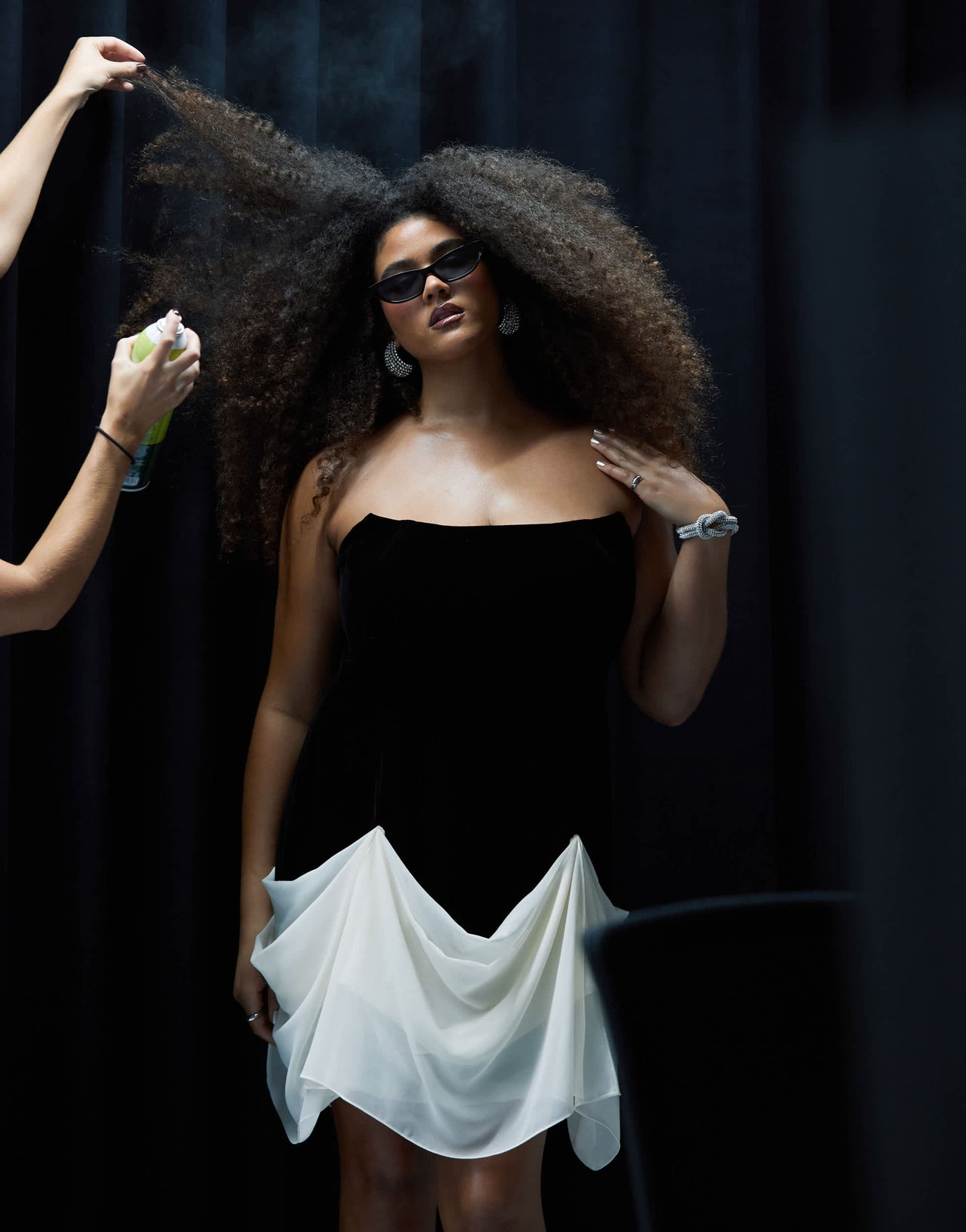 ASOS DESIGN Curve structured velvet mini dress with contrast draped chiffon skirt in black