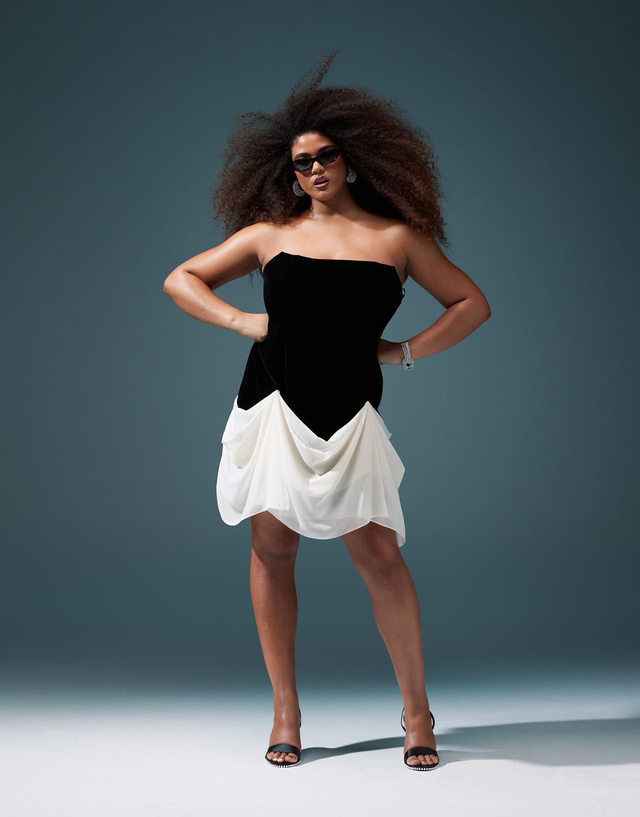 ASOS DESIGN Curve structured velvet mini dress with contrast draped chiffon skirt in black