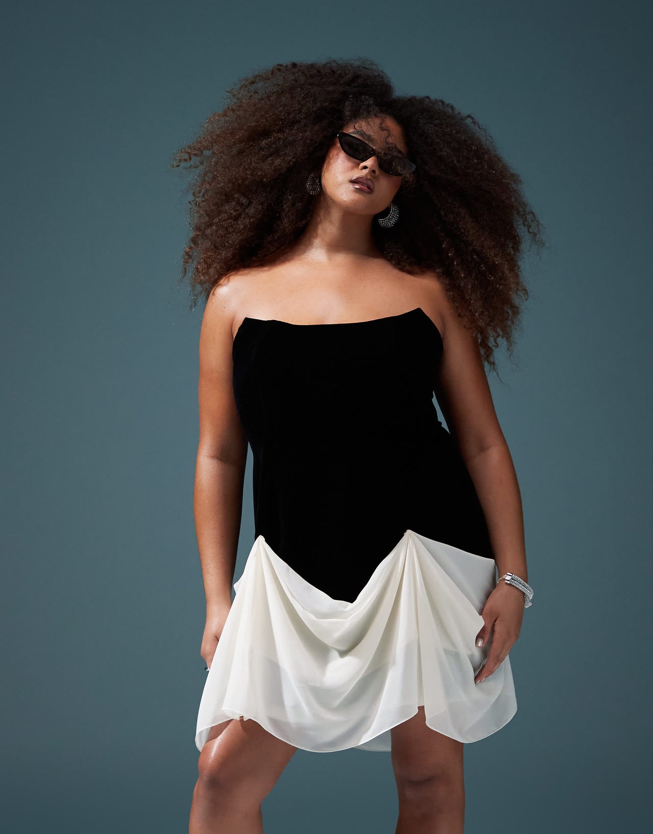 ASOS DESIGN Curve structured velvet mini dress with contrast draped chiffon skirt in black