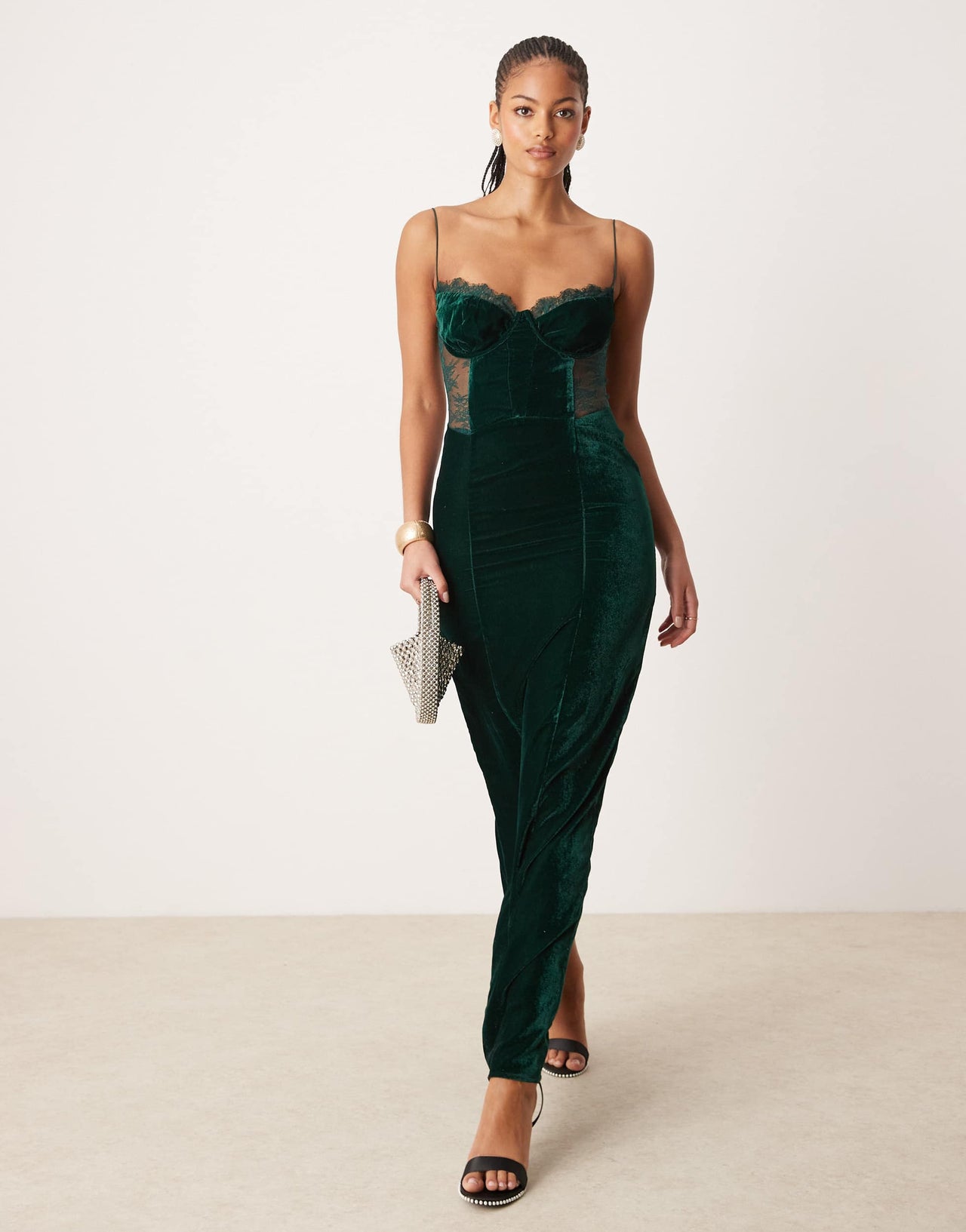 ASOS DESIGN Tall velvet corset midi dress with lace insert in deep teal