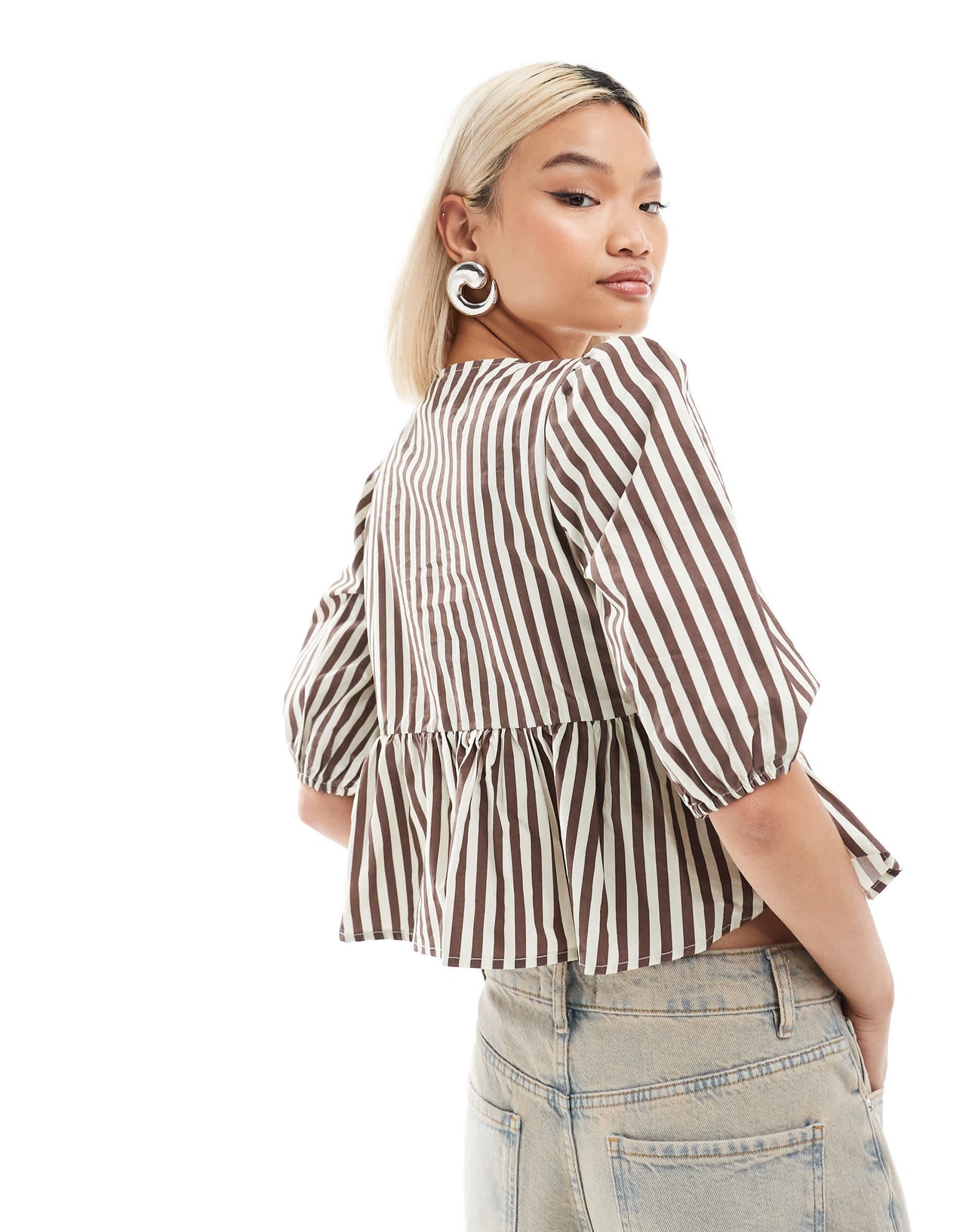 Daisy Street peplum hem tie front smock top in brown stripe