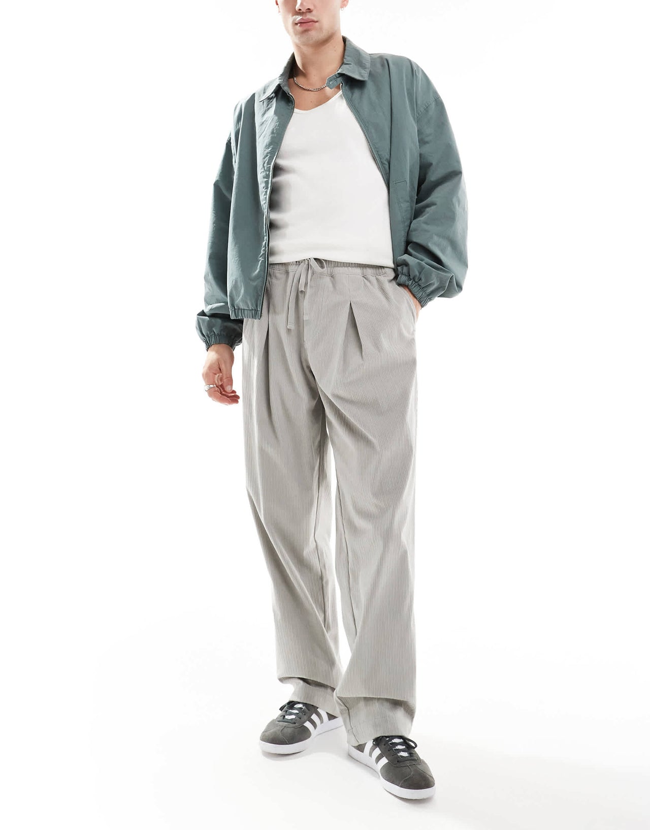 ASOS DESIGN baggy cord trouser with front pleats in grey