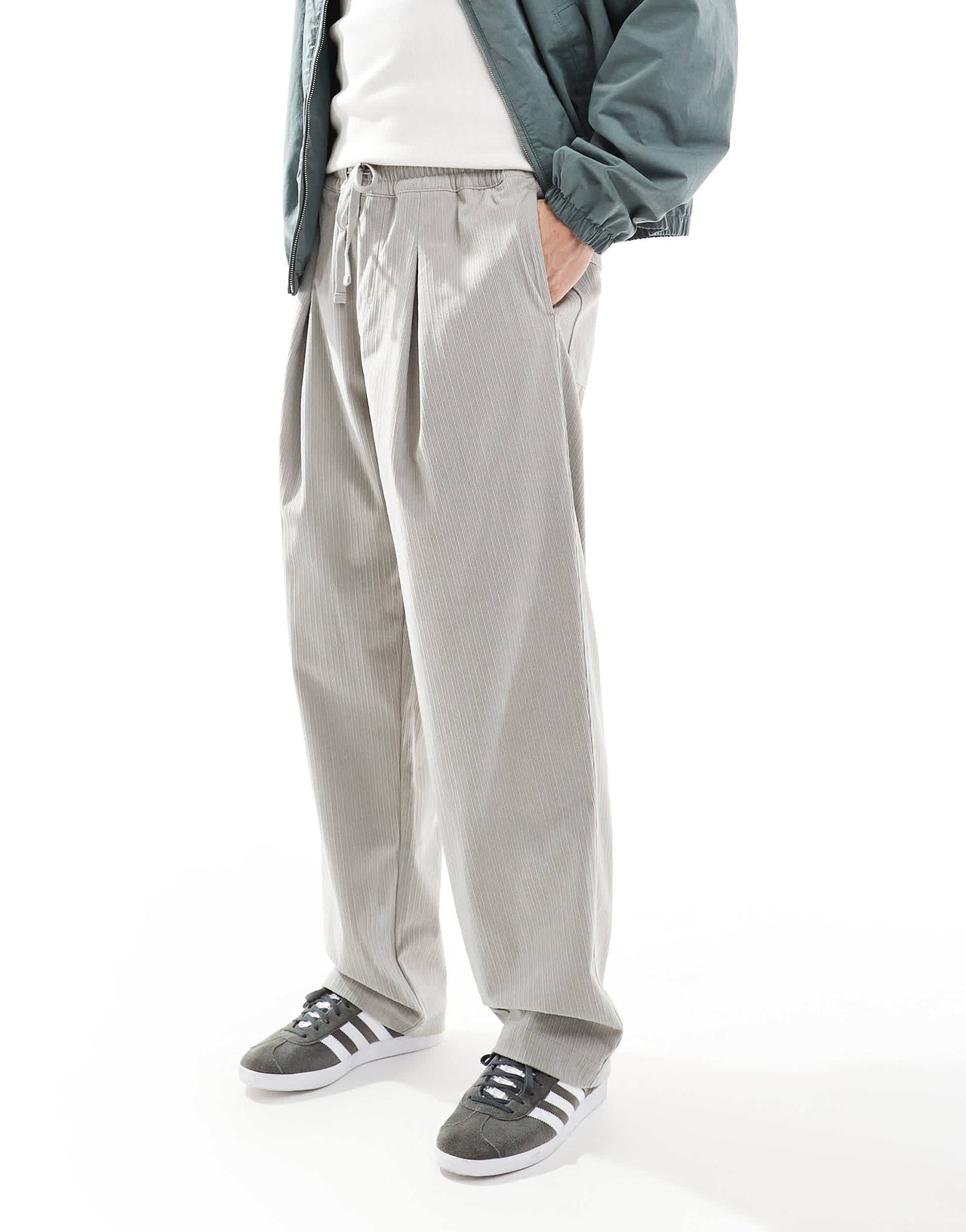 ASOS DESIGN baggy cord trouser with front pleats in grey