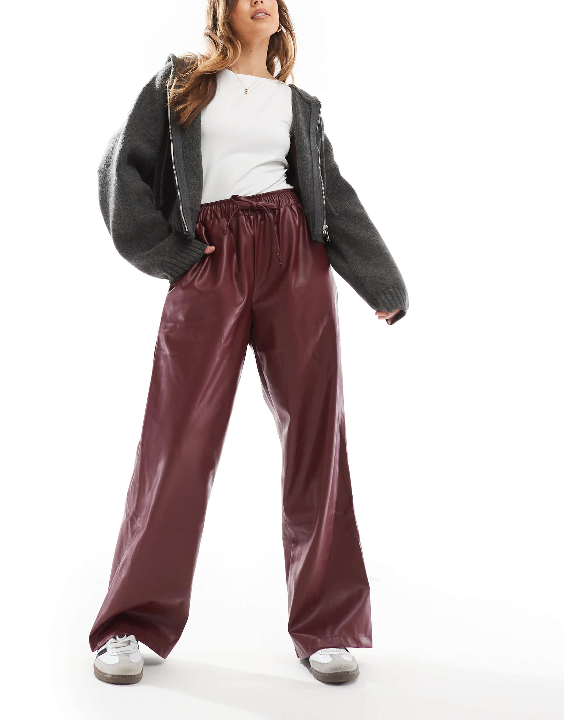 ASOS DESIGN faux leather wide leg pull on trousers in burgundy