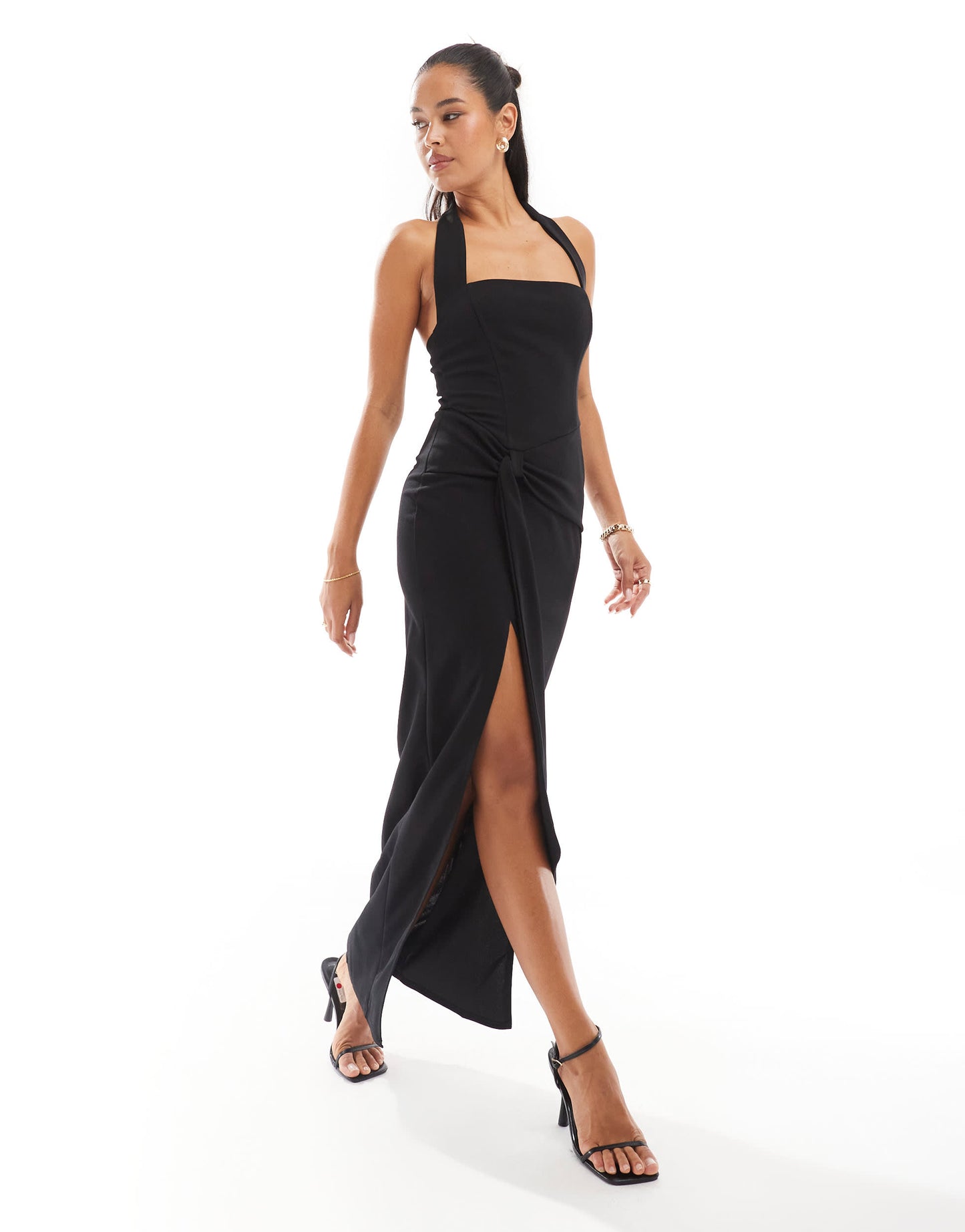 TFNC crepe square neck maxi dress with drape waist in black