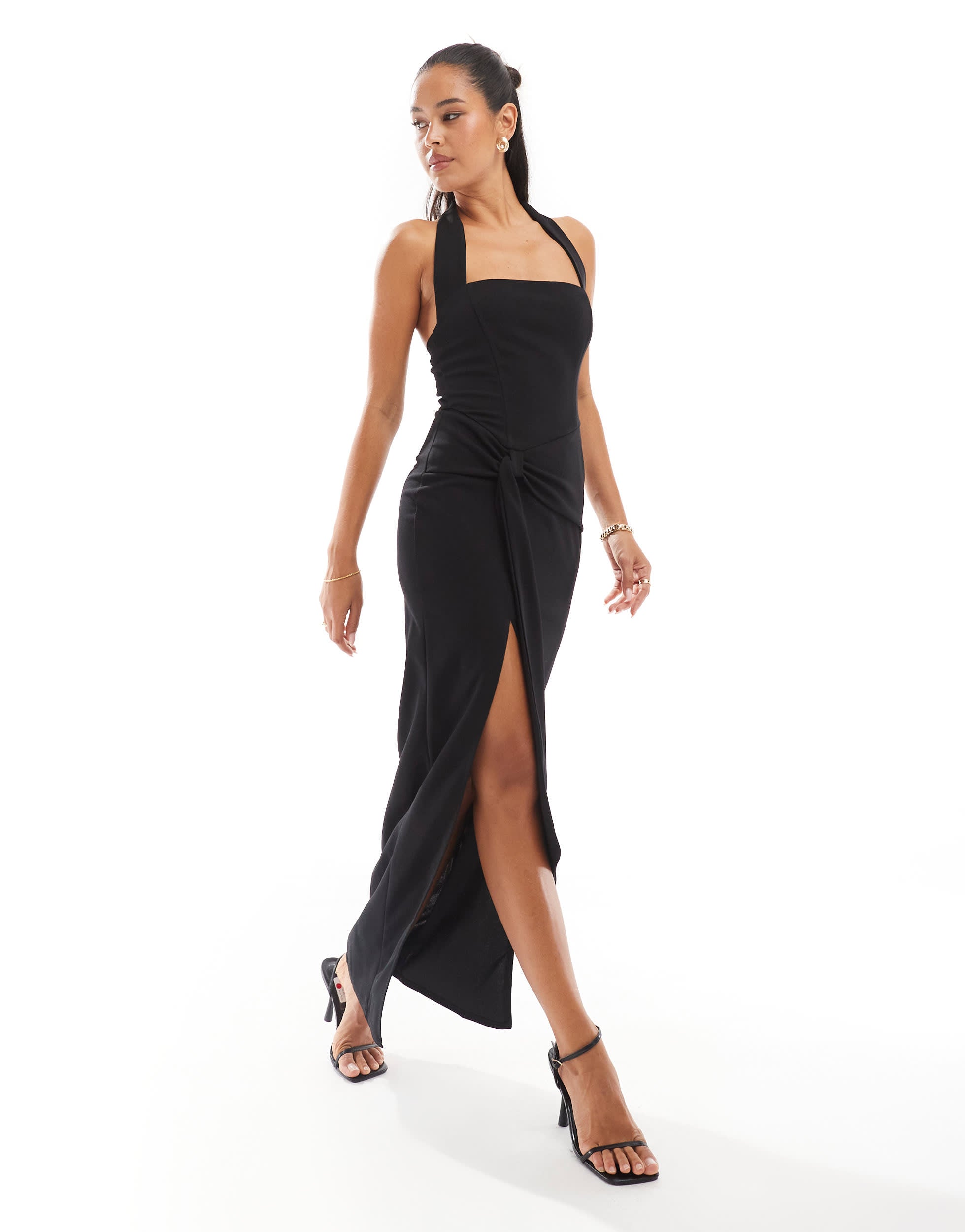 TFNC crepe square neck maxi dress with drape waist in black