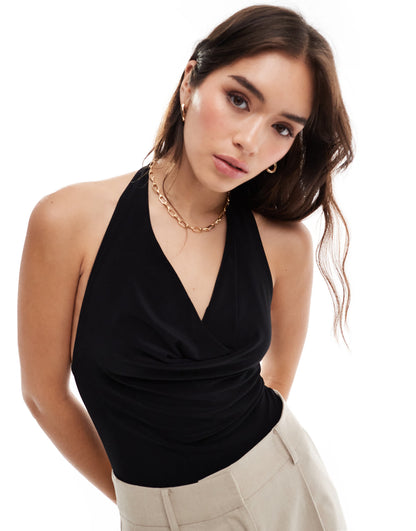Bershka cowl neck halterneck bodysuit in black