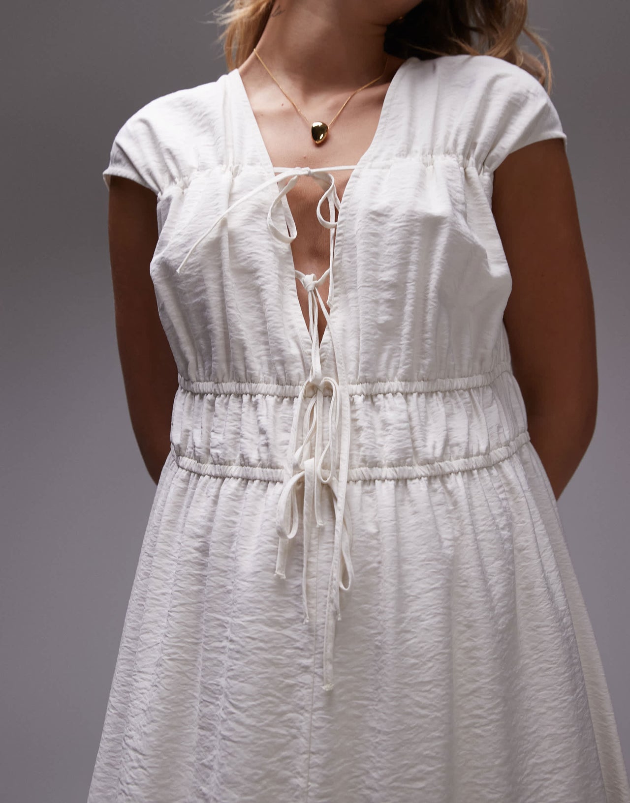 Topshop tie front tiered midi dress in ivory