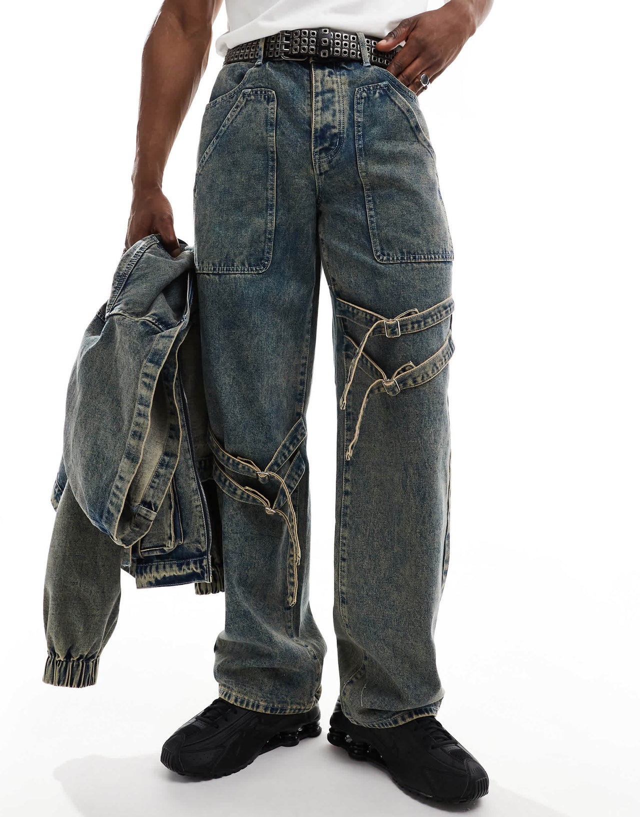 Liquor N Poker textured stacked jean co-ord in stone wash