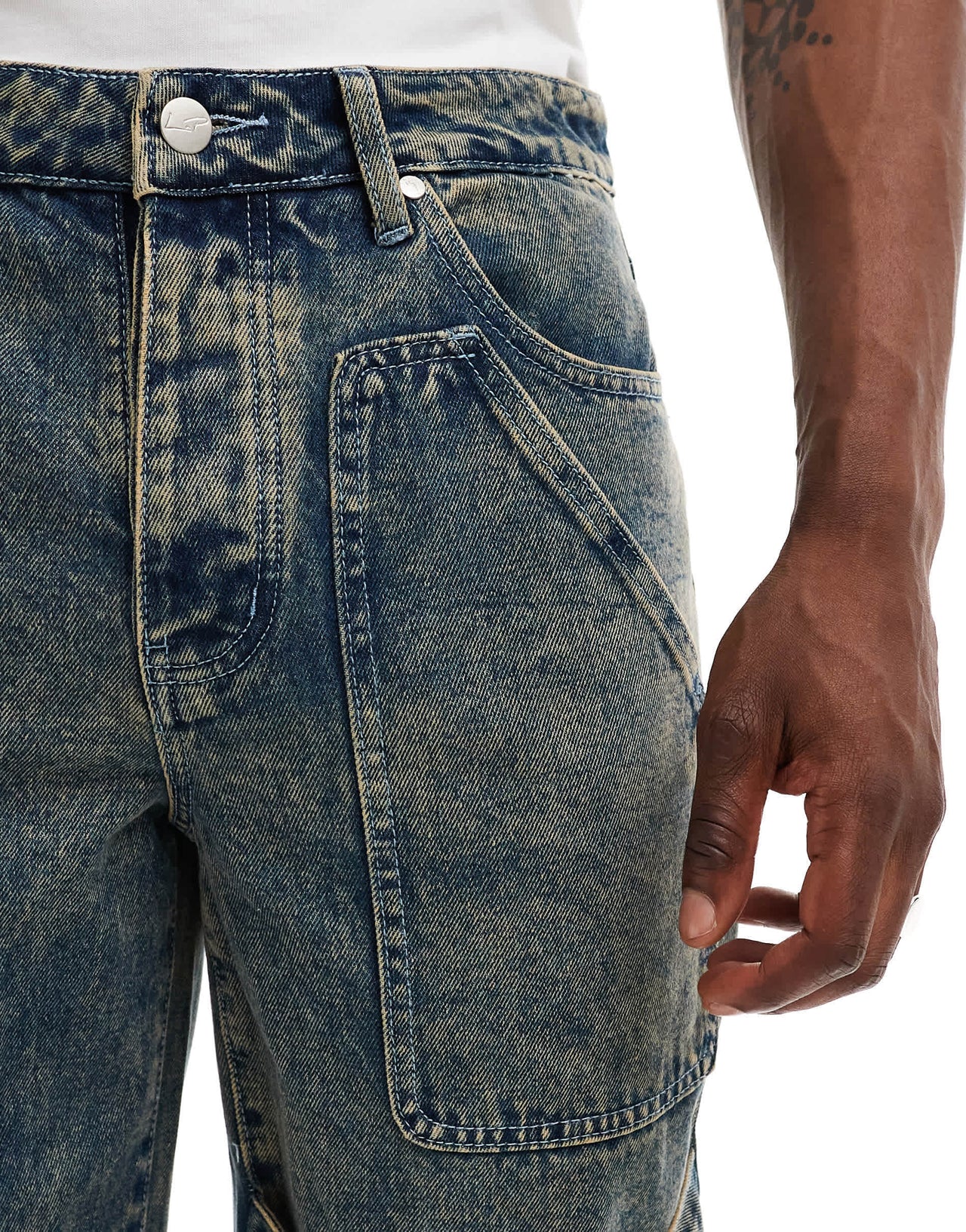 Liquor N Poker textured stacked jean co-ord in stone wash